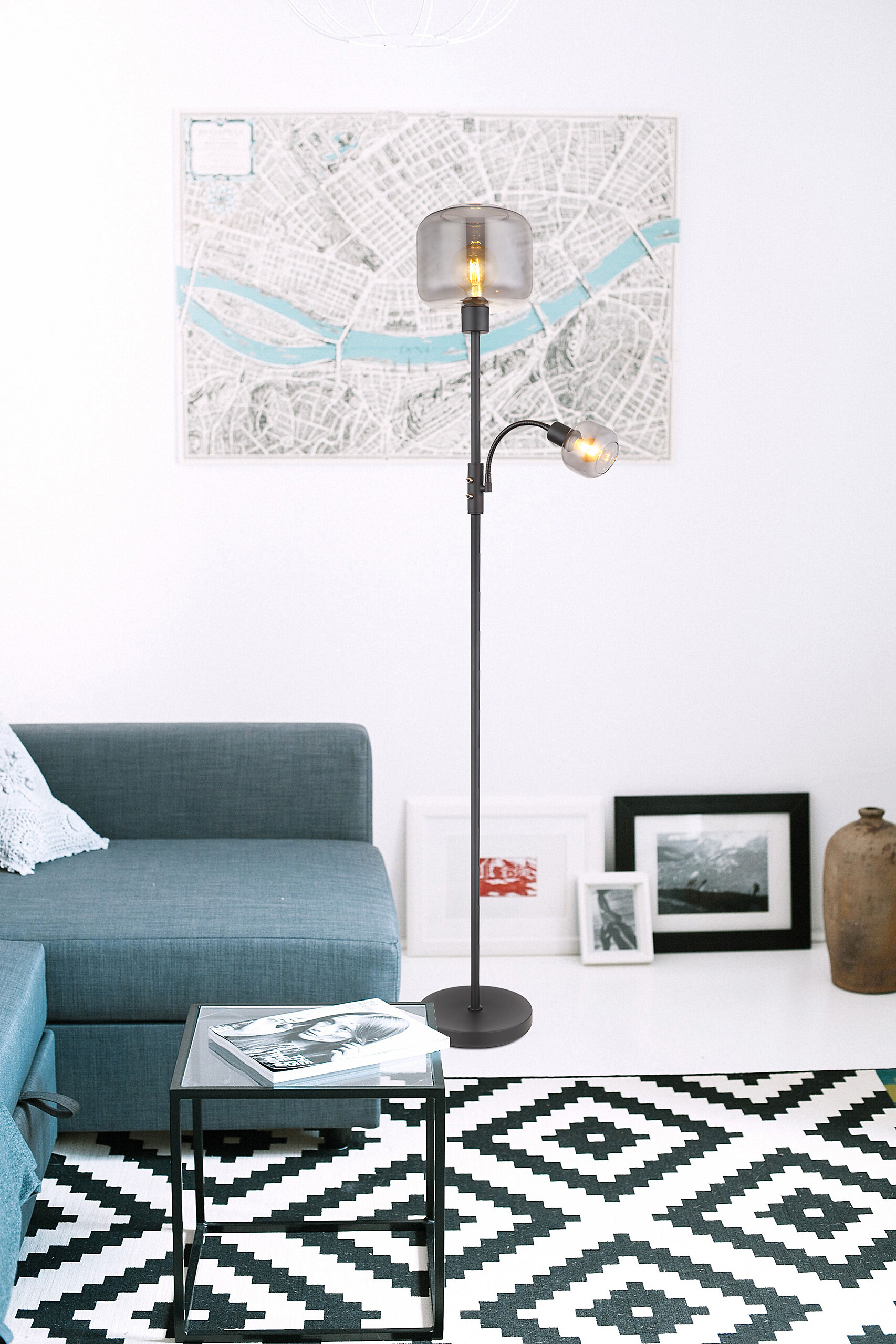 GLOBO Stehleuchte grau mattschwarz Metall Glas H/D: ca. 165x25 cm E27 1 Brennstellen