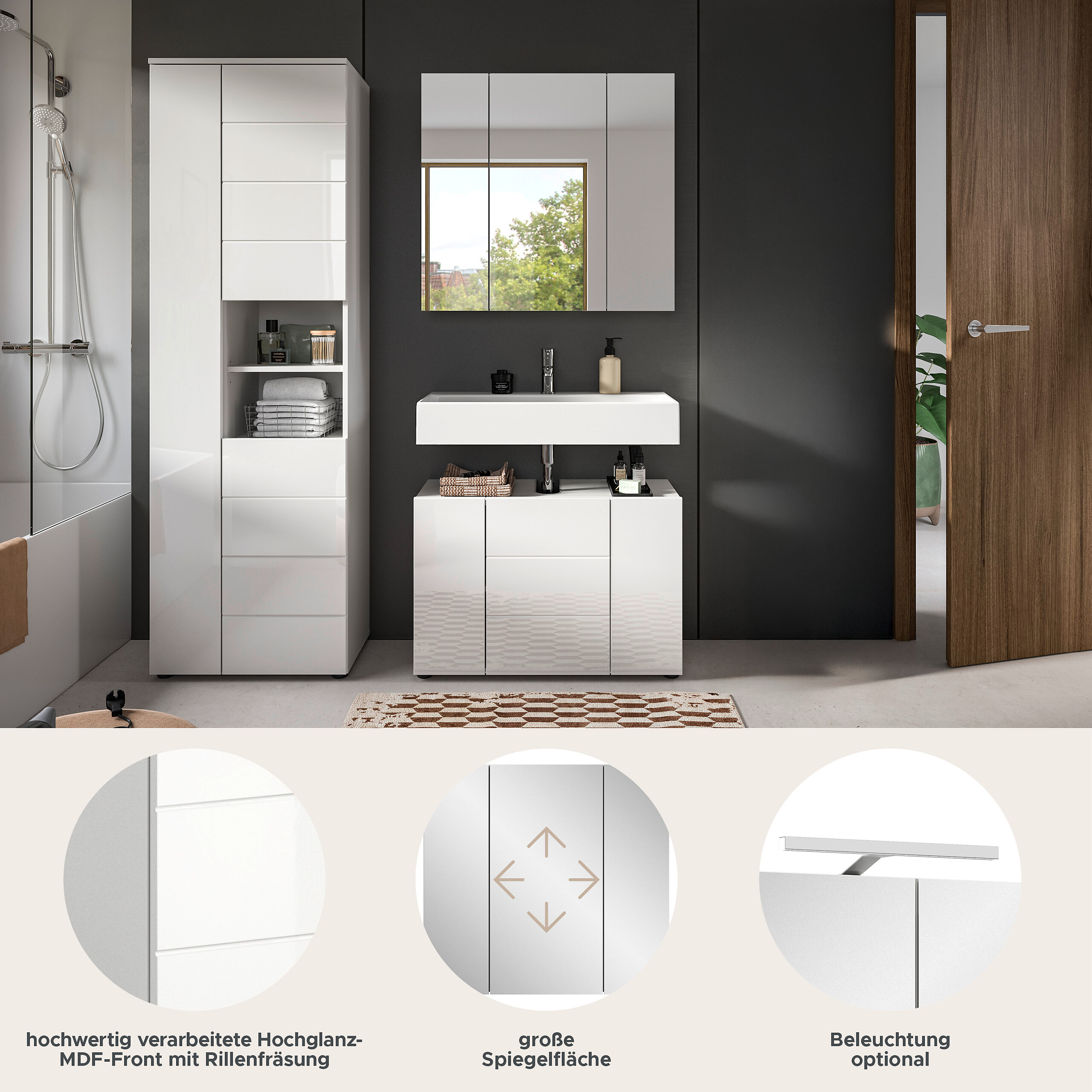 Badezimmer-Set VIRA weiß weiß Hochglanz B/H/T: ca. 157x190x34 cm