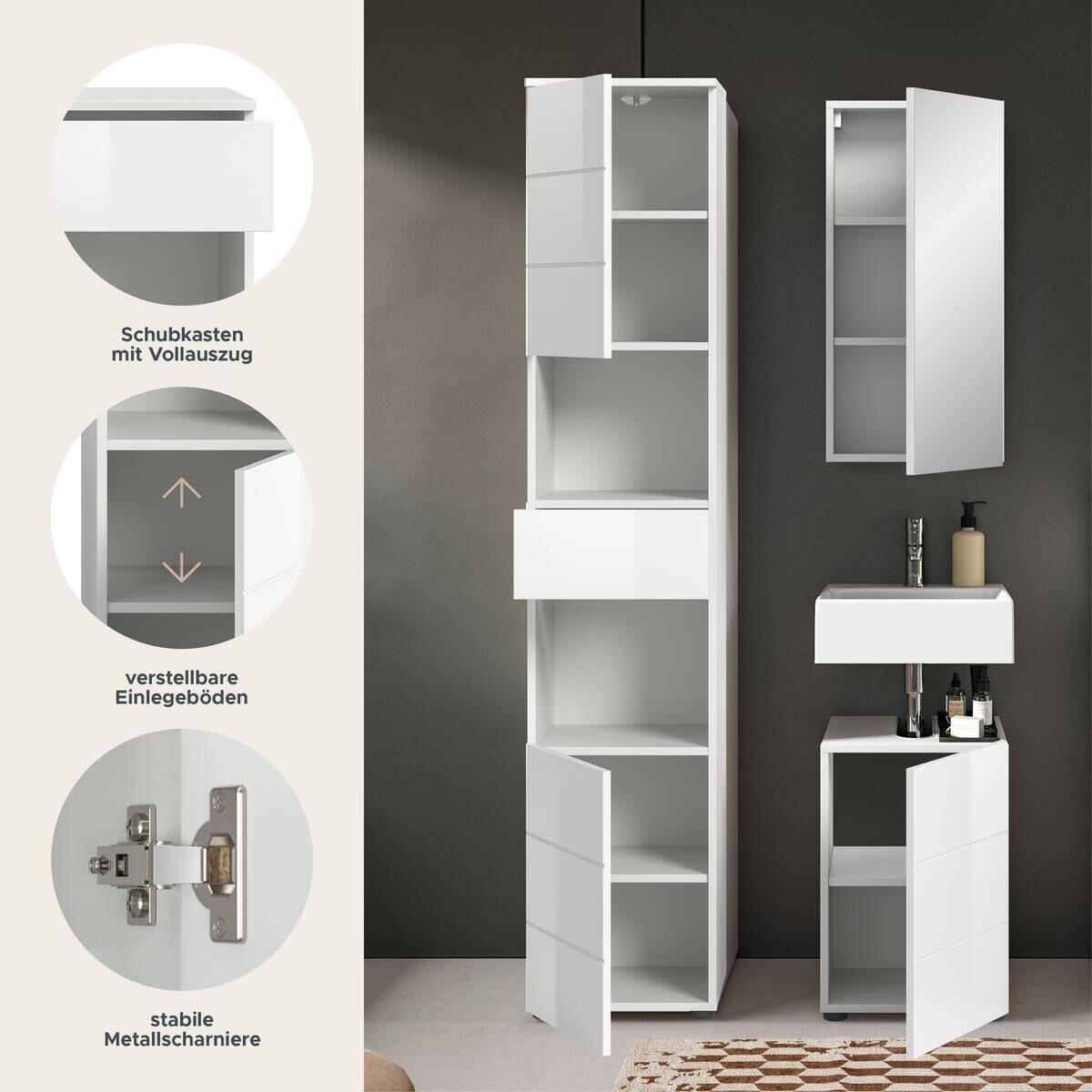 Badezimmer-Set VIRA weiß weiß Hochglanz B/H/T: ca. 91x190x34 cm