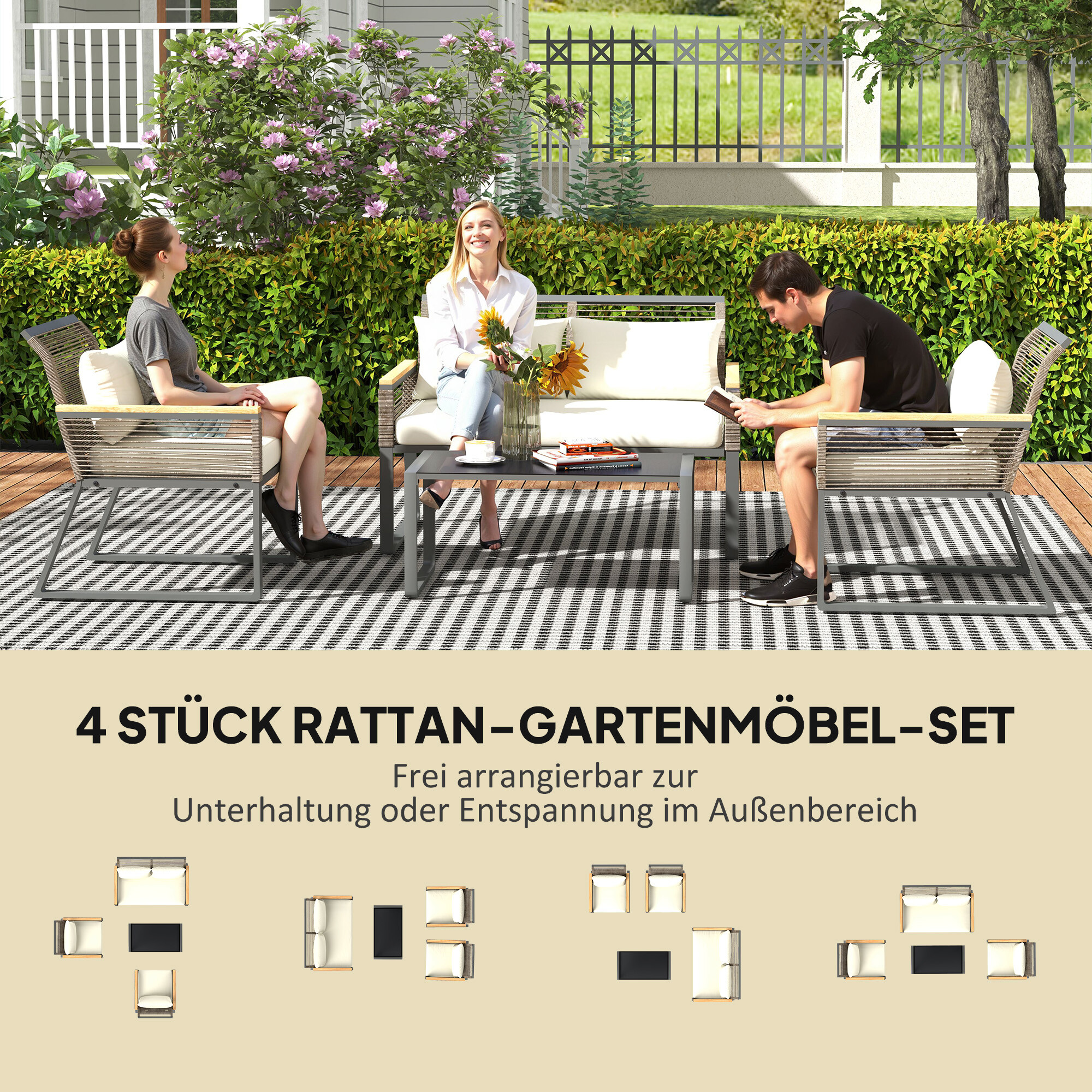 Outsunny Rattan-Gartenmöbel-Set grau Polyethylen B/H/L: ca. 71x78x114 cm