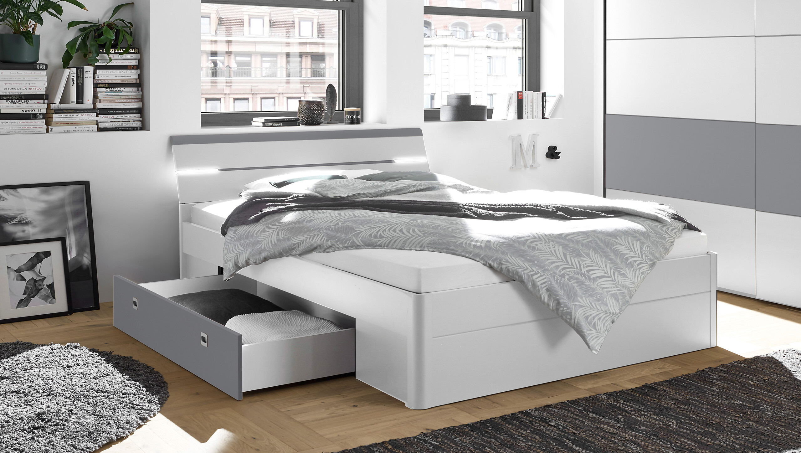 Bettanlage Mars weiß Arktisgrau B/H/T: ca. 185x97x205 cm Liegefläche B/L: ca. 180x200 cm