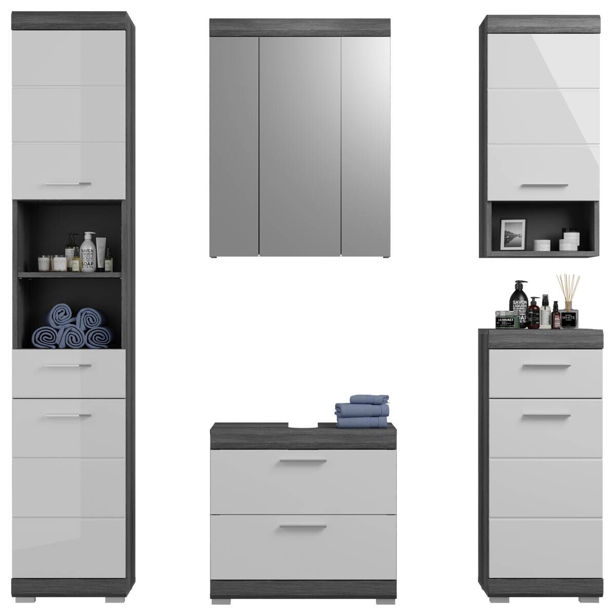 Badezimmer-Set Scout Rauchsilber Nachbildung weiß Hochglanz B/H/T: ca. 164x191x34 cm