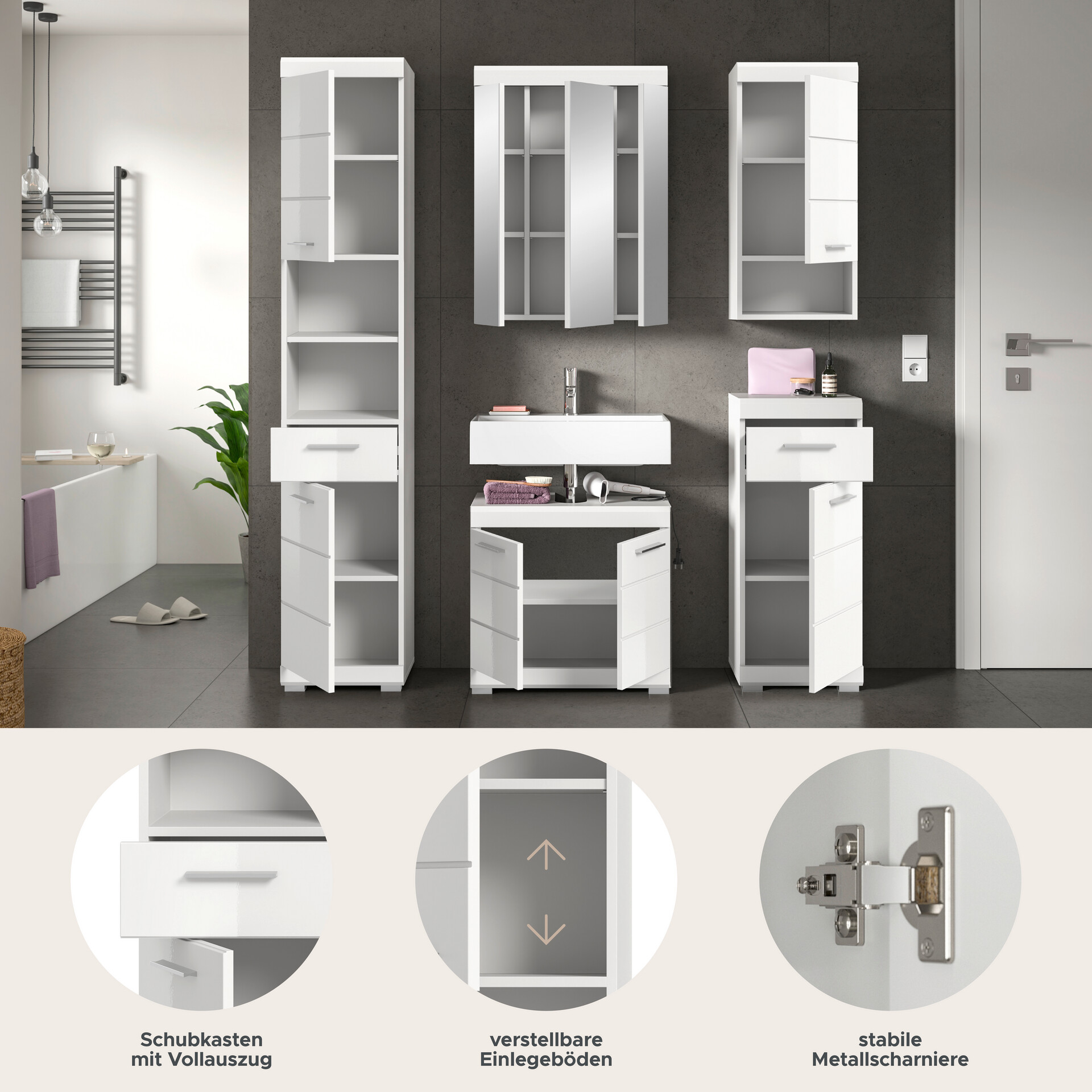 Badezimmer-Set Scout weiß weiß Hochglanz B/H/T: ca. 164x191x34 cm