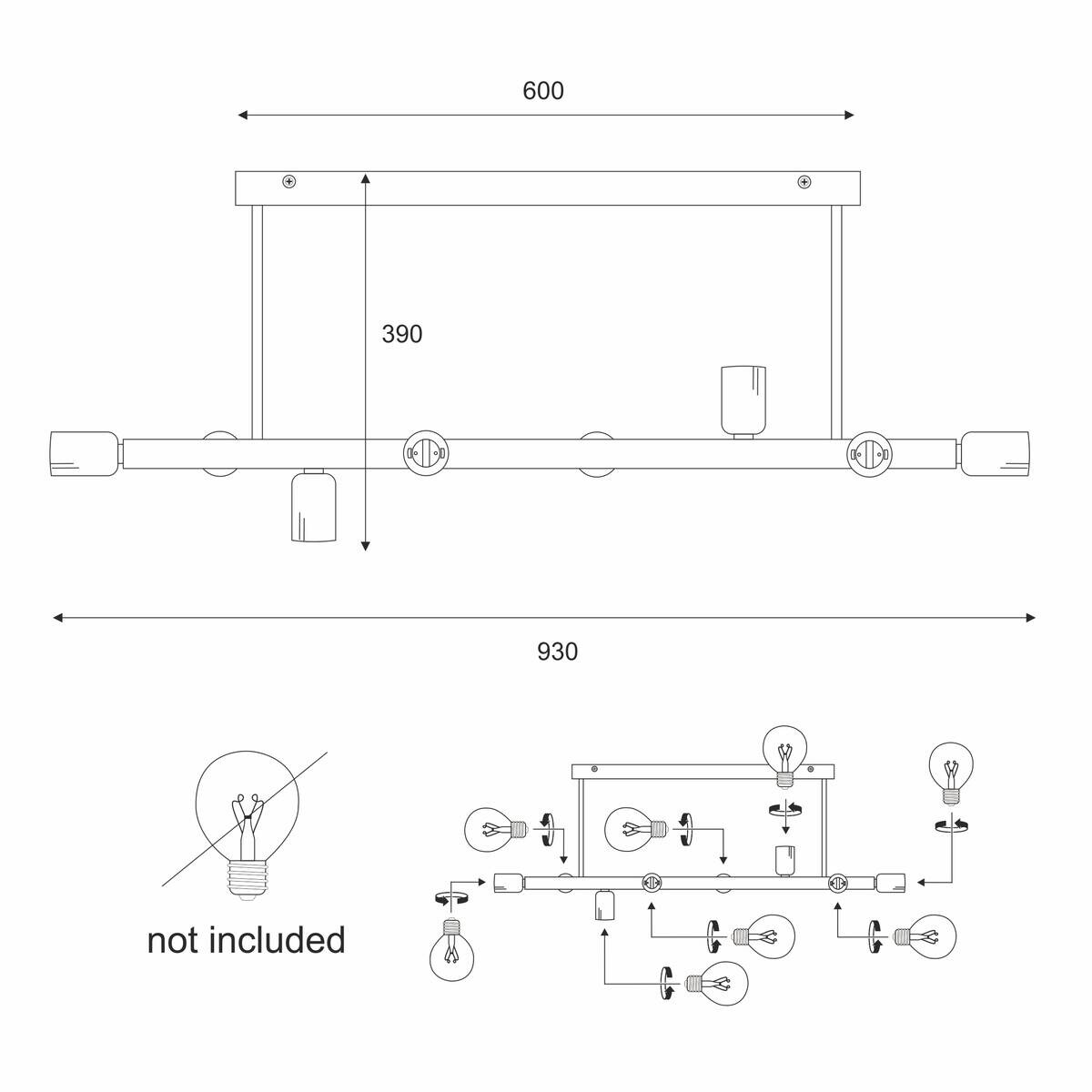 Lamkur Deckenleuchte Astrid schwarz Stahl H/L: ca. 39x93 cm E27 8 Brennstellen