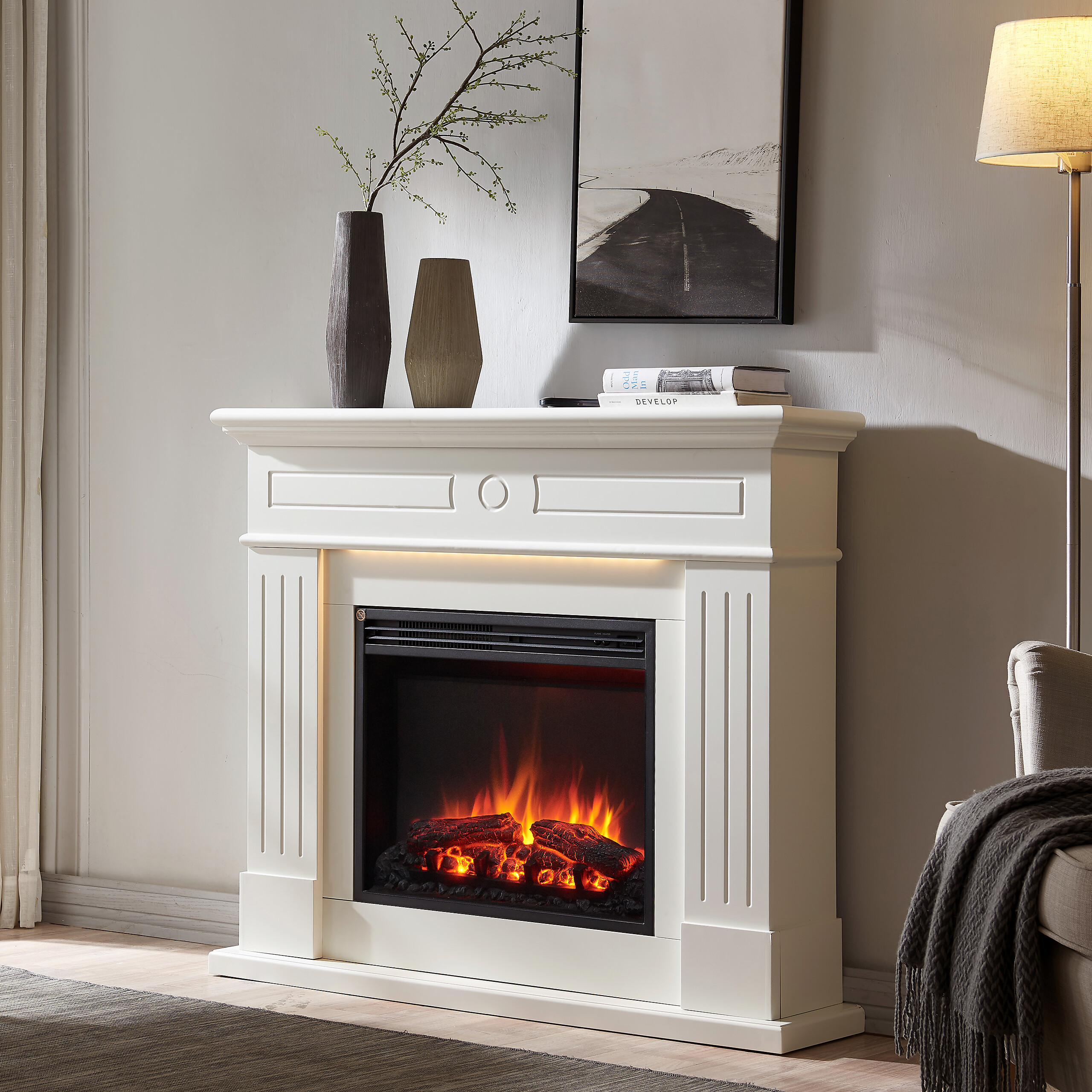 Balderia Elektrischer Kamin Elektrischer-Kamin Leandros weiß MDF B/H/T: ca. 110x95x24,9 cm