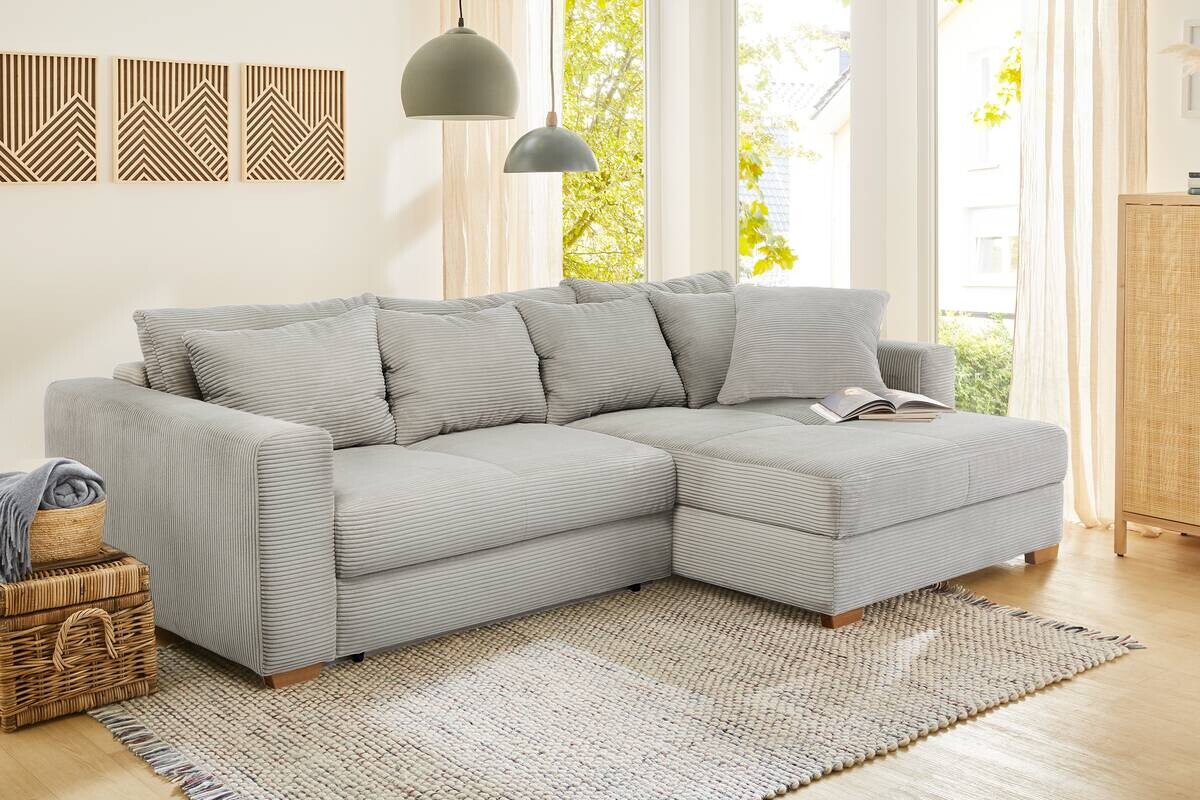 Ecksofa mit Bettfunktion und Bettkasten Greige Velourstoff B/H/T: ca. 288x86x186 cm