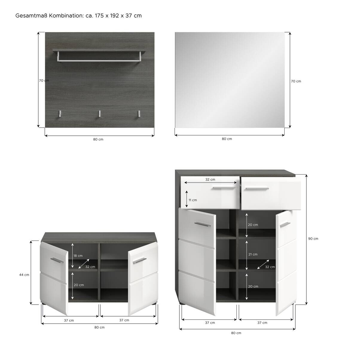 Garderobe SALSA Eiche Rauchsilber Nachbildung weiß Hochglanz B/H/T: ca. 175x192x37 cm