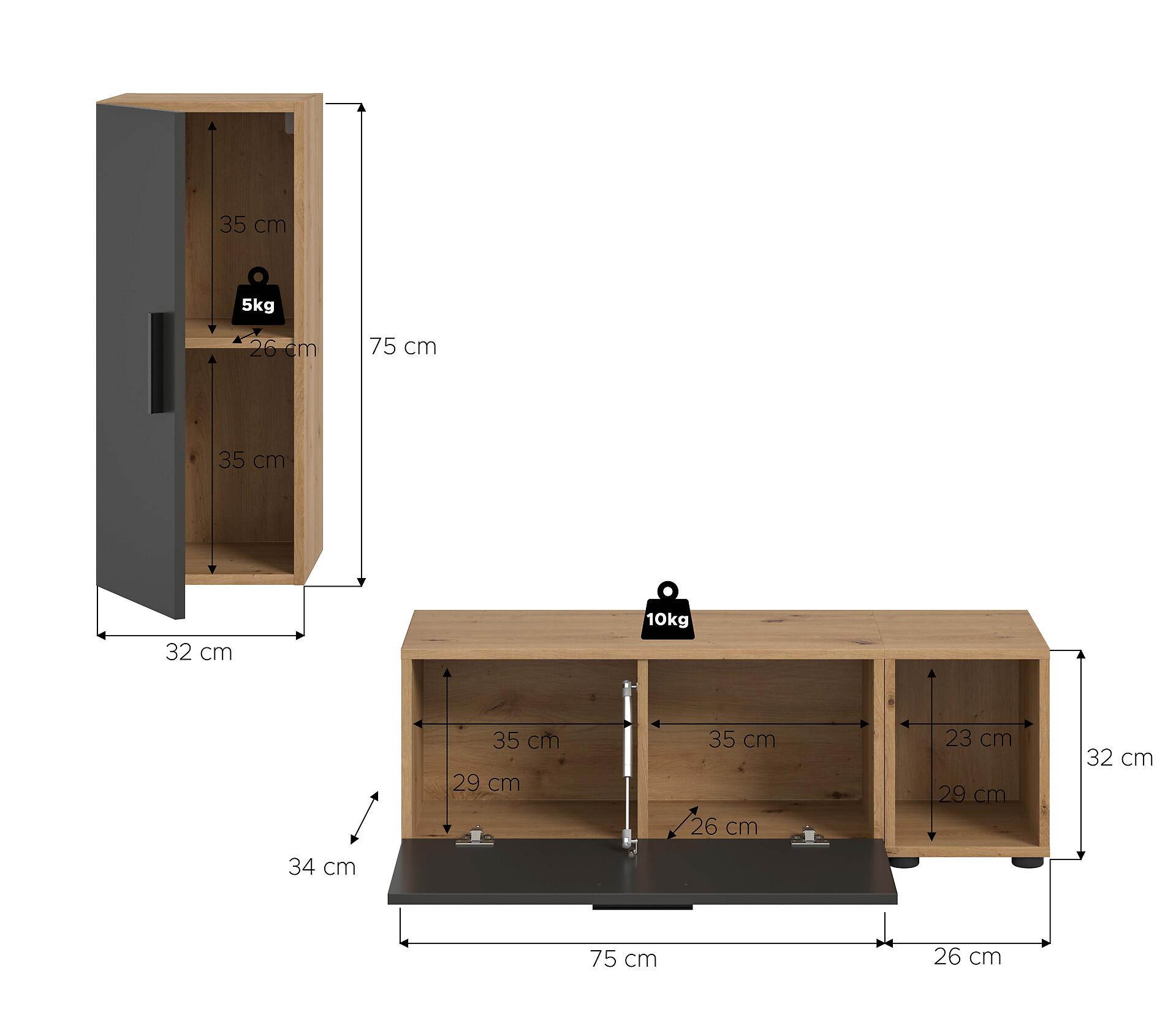 Wohnwand-Set TheOne Eiche Artisan Nachbildung anthrazit B/H/T: ca. 75x32x34 cm