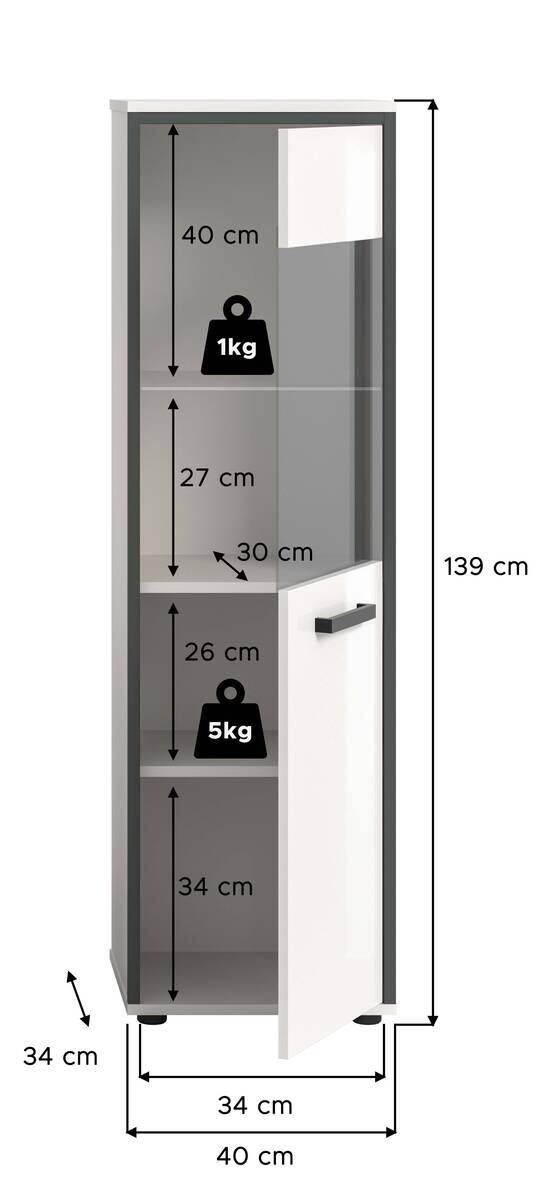Midischrank KOJAK weiß Hochglanz anthrazit grau B/H/T: ca. 40x139x34 cm