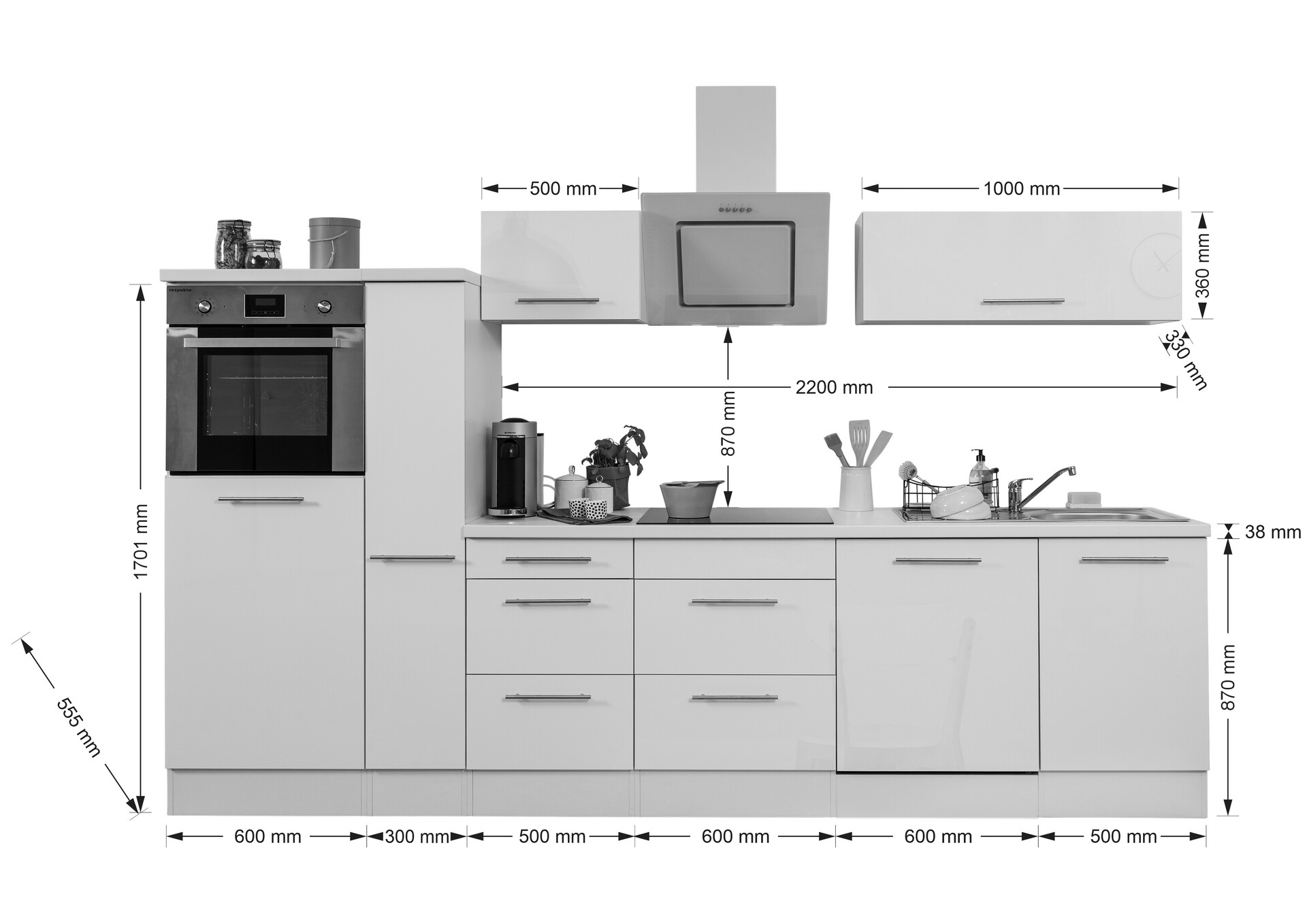 Respekta Küchenblock Amanda weiß Hochglanz B/H/T: ca. 310x200x60 cm