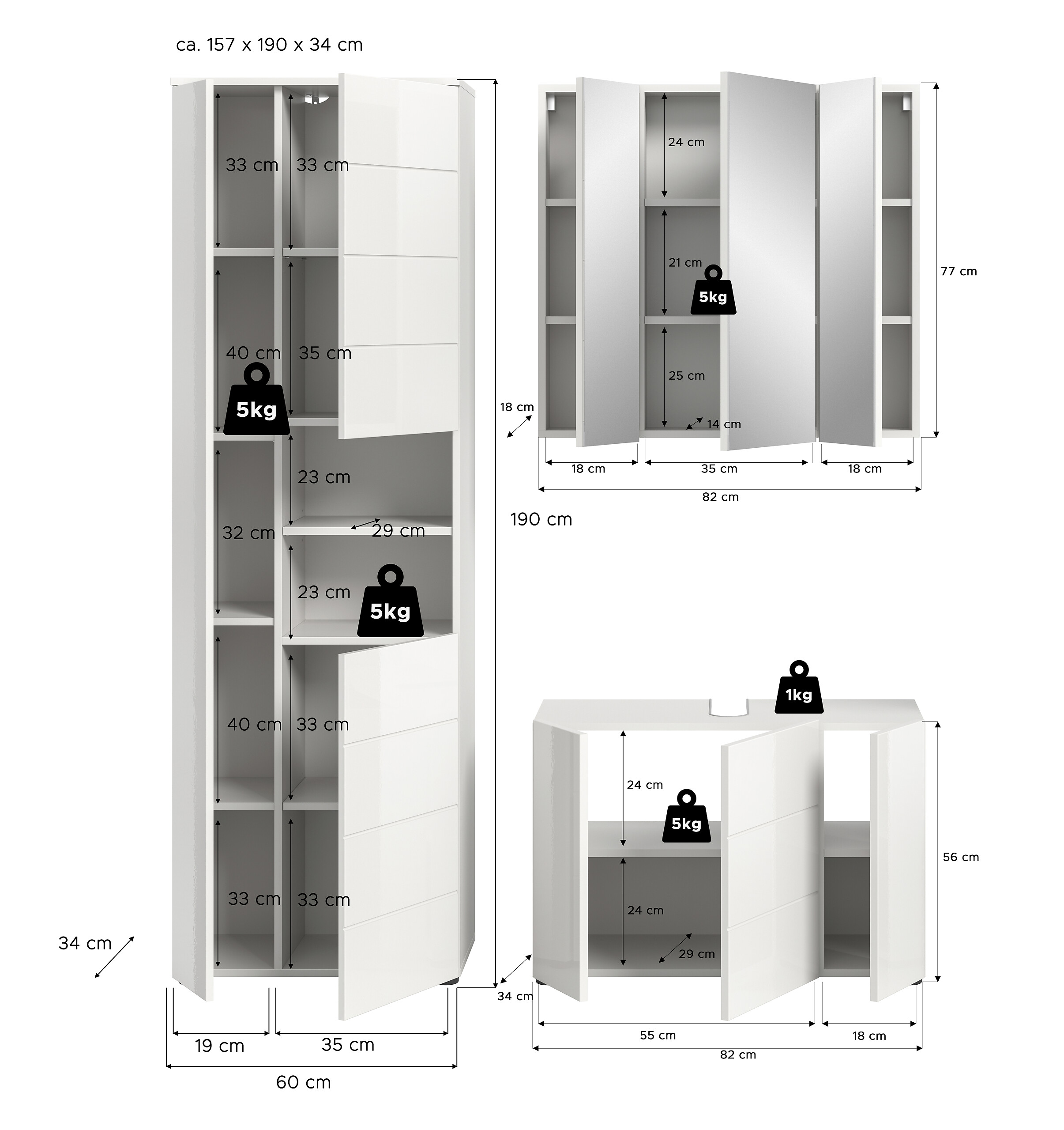 Badezimmer-Set VIRA weiß weiß Hochglanz B/H/T: ca. 157x190x34 cm