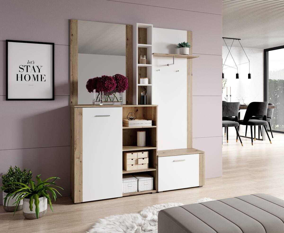 Garderobe BARRY Eiche Artisan Nachbildung weiß matt B/H/T: ca. 150x190x32 cm