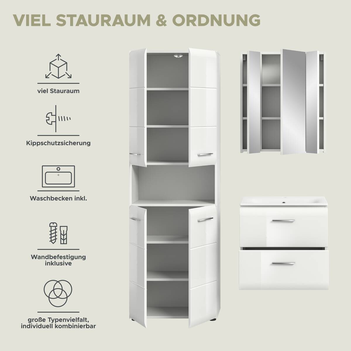 Badezimmer-Set Ice weiß weiß Hochglanz B/H/T: ca. 135x185x46 cm