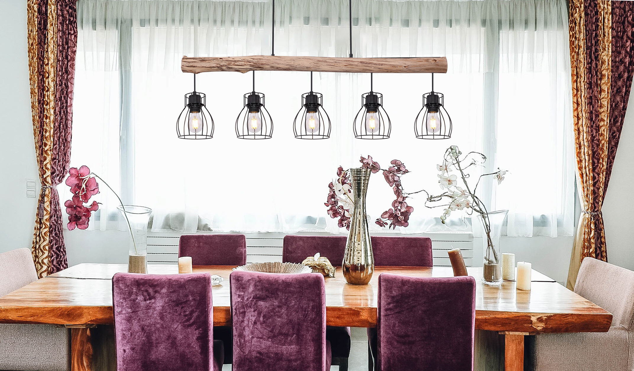 GLOBO Pendelleuchte 15326-5N schwarz natur Holz Metall B/H: ca. 104x140 cm E27 5 Brennstellen