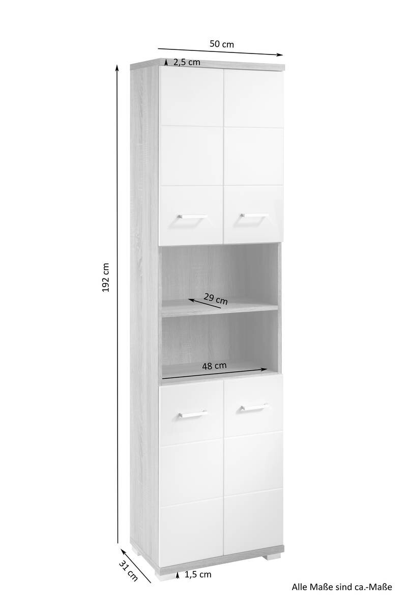 Hochschrank NEBRASKA Eiche Nachbildung weiß Hochglanz B/H/T: ca. 50x192x31,5 cm