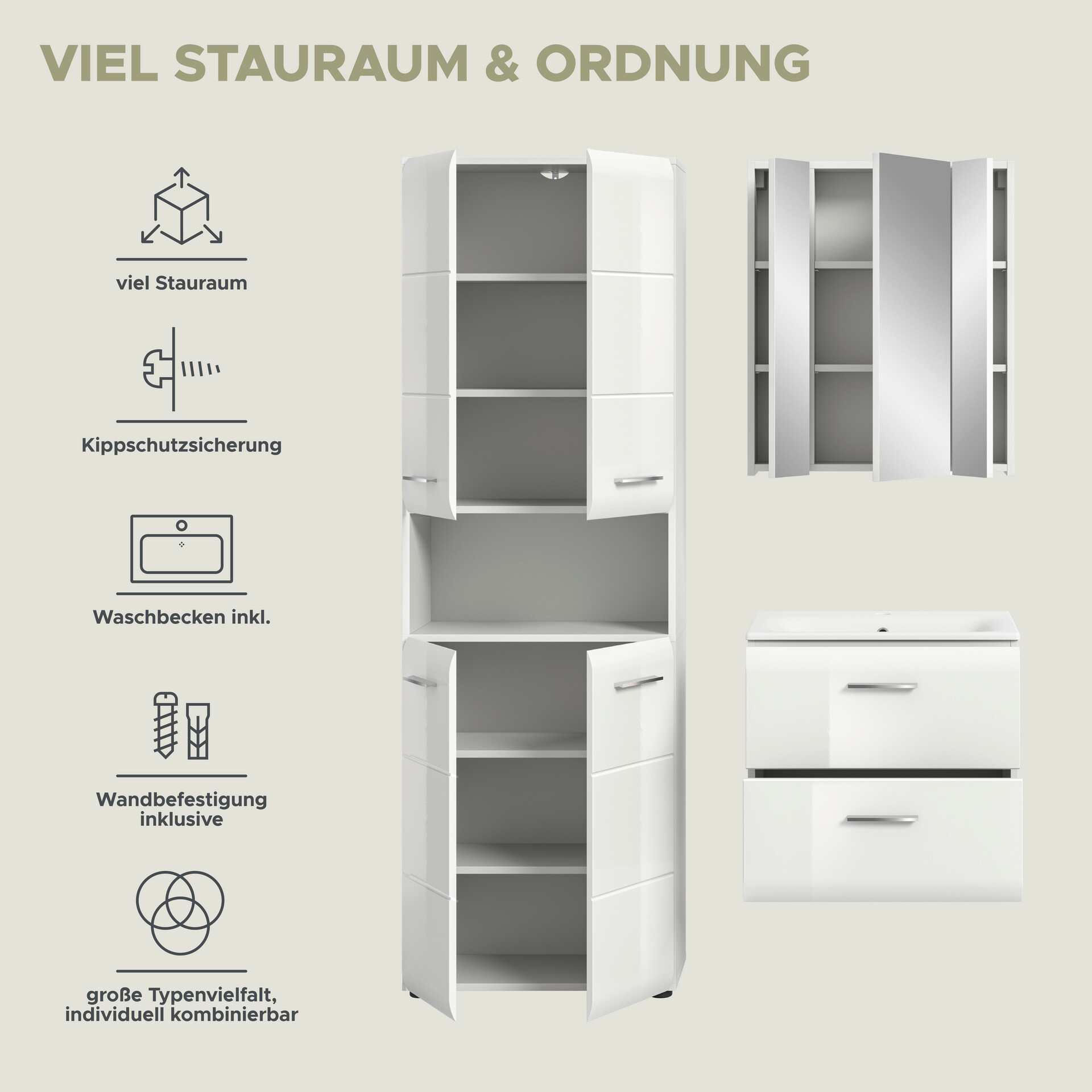 Badezimmer-Set Ice weiß weiß Hochglanz B/H/T: ca. 135x185x46 cm