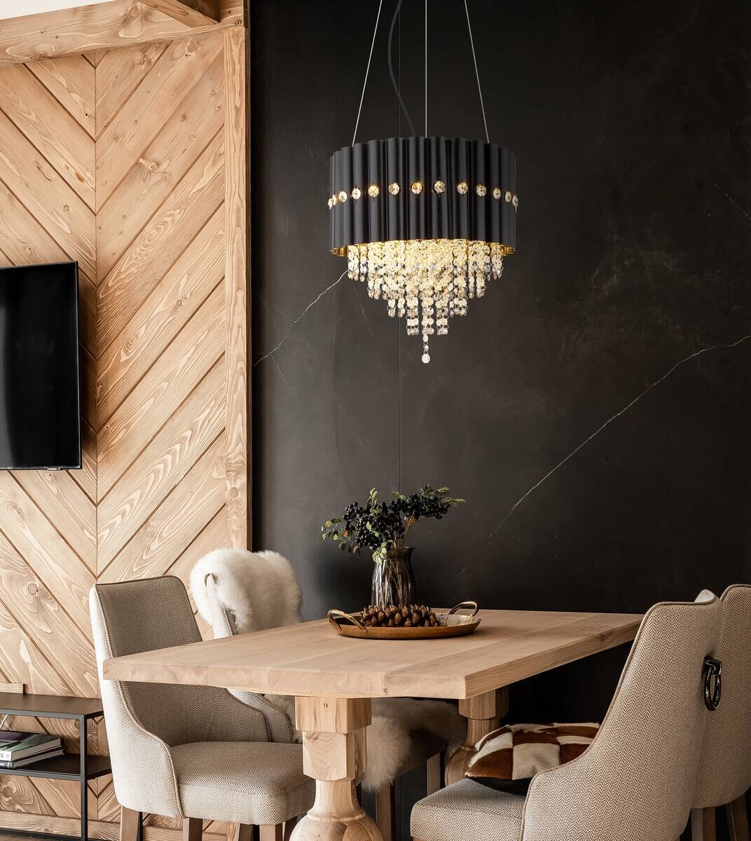 GLOBO Lüsterkrone ELEOS 63149-3 schwarz Metall H/D: ca. 150x40 cm E27 3 Brennstellen