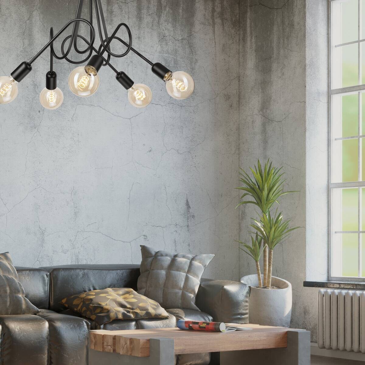 Lamkur Kronleuchter schwarz Stahl B/H/L: ca. 39x54x54 cm E27 5 Brennstellen