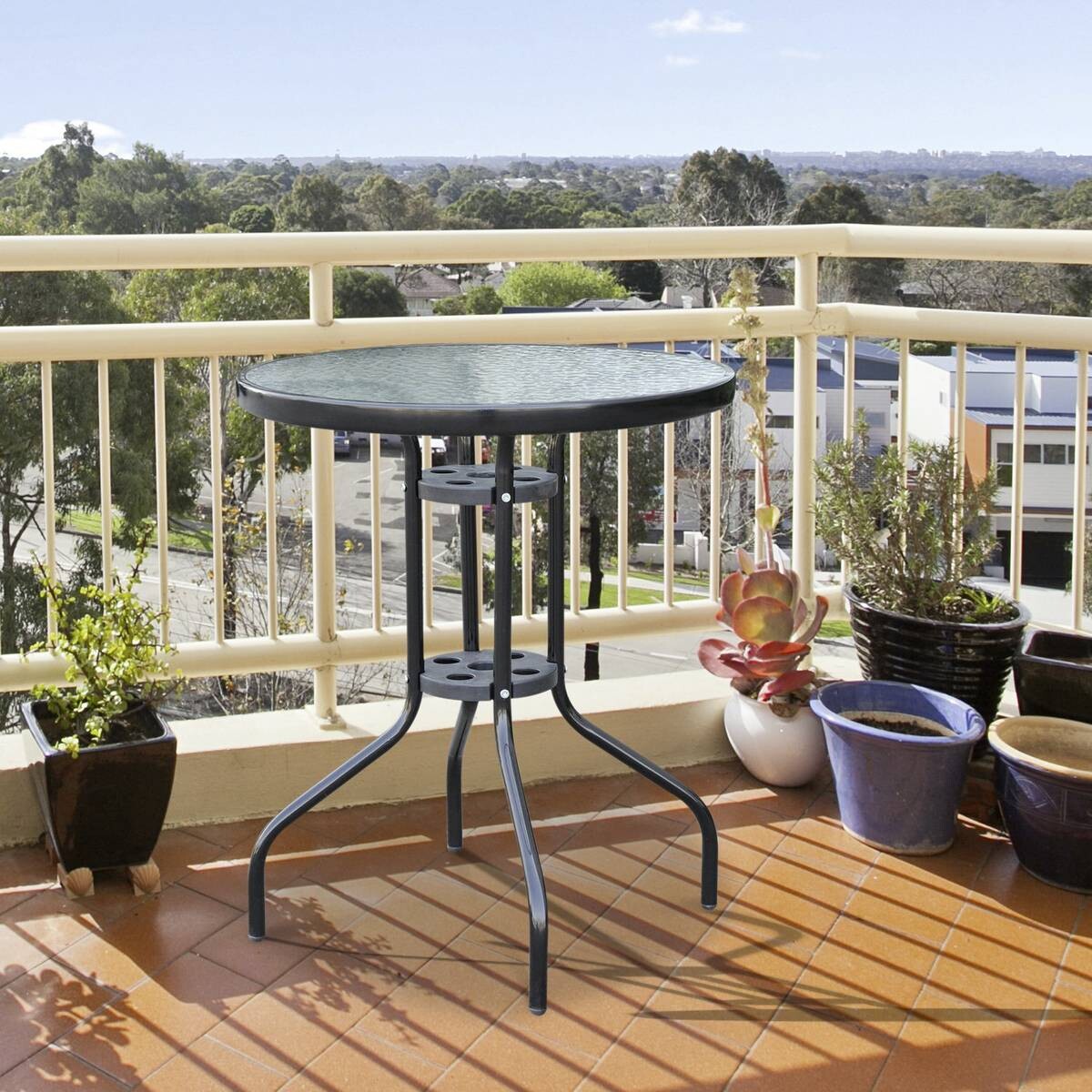 Outsunny Glastisch schwarz Metall H/D: ca. 70x60 cm