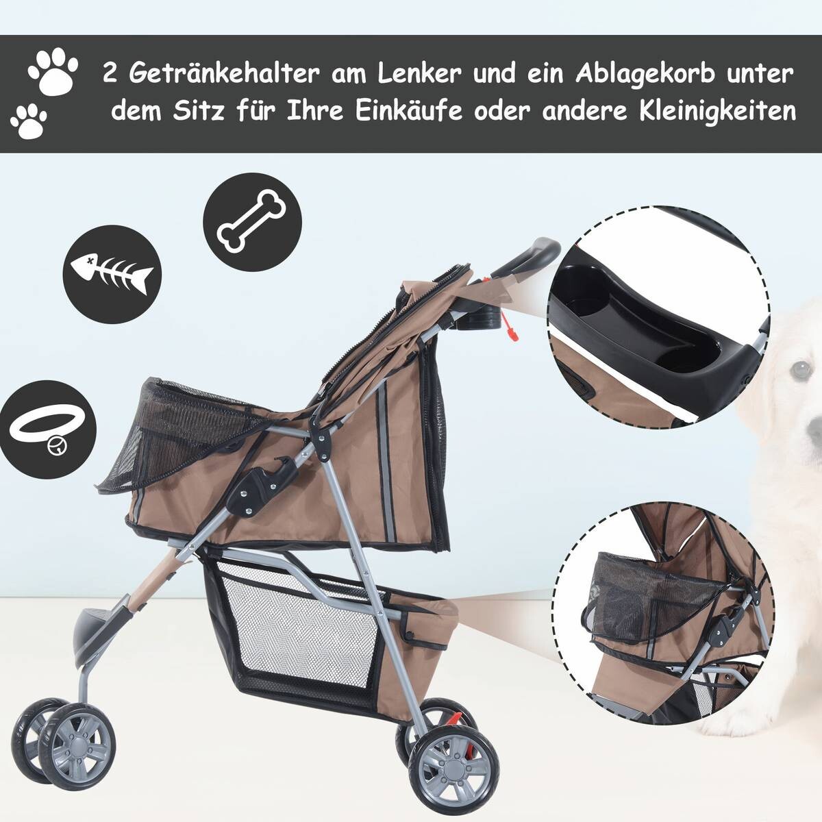 PawHut Hundebuggy kaffee Kunststoff B/H/L: ca. 45x97x75 cm