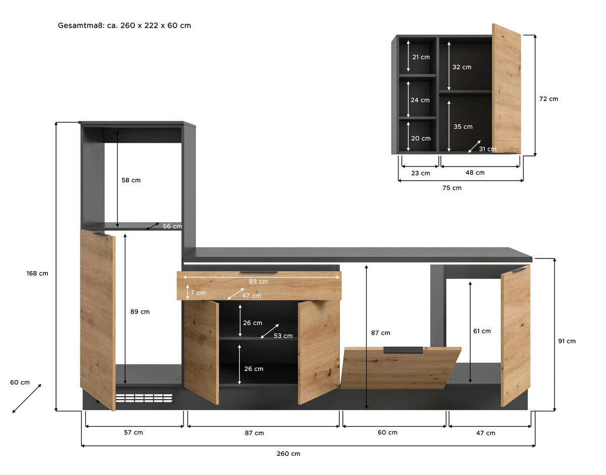 xonox.home Küchenblock Charly Eiche Artisan Nachbildung B/H/T: ca. 260x222x60 cm