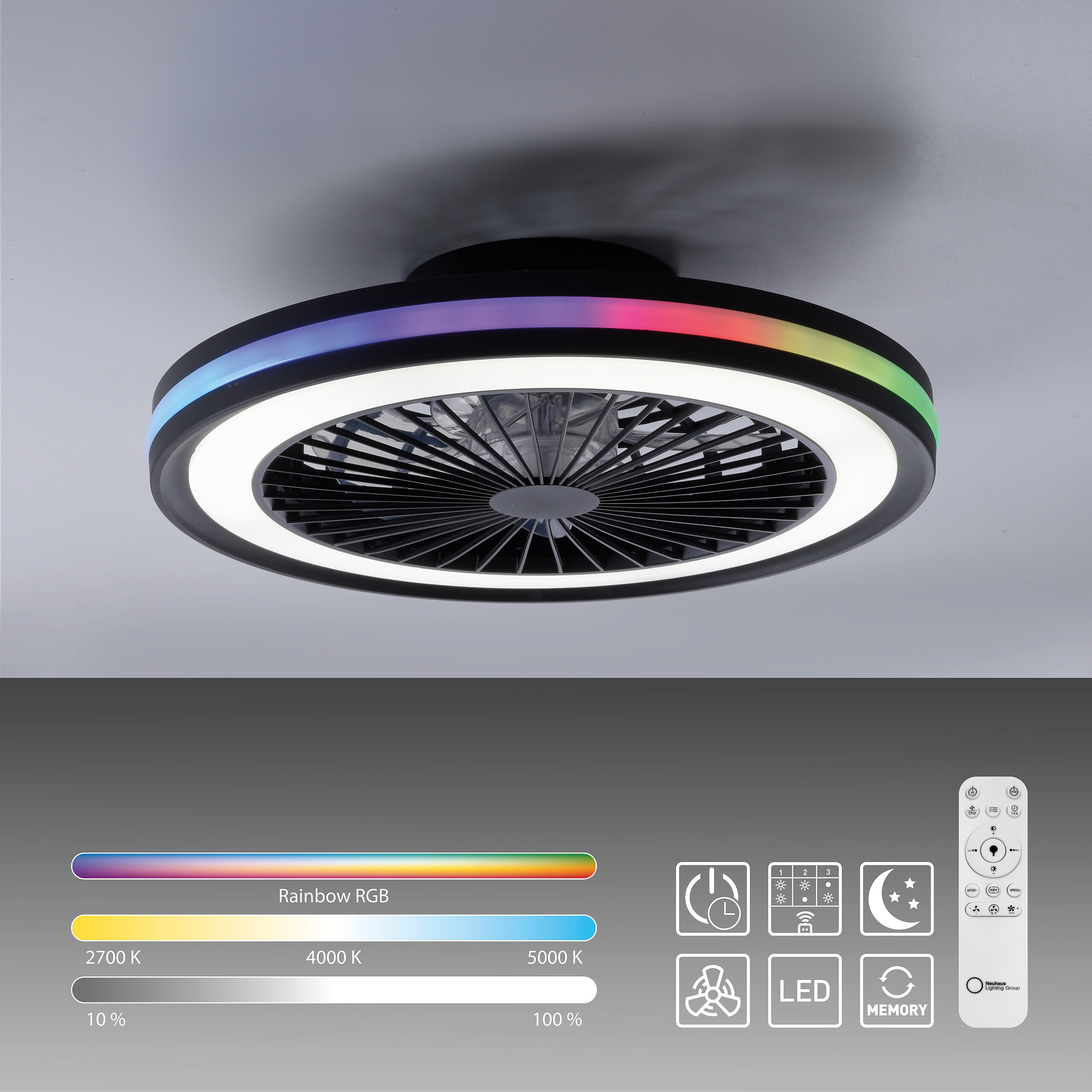 Just Light LED-Deckenventilator Brandon schwarz B/H/L: ca. 45,5x14x45,5 cm max. 36 W