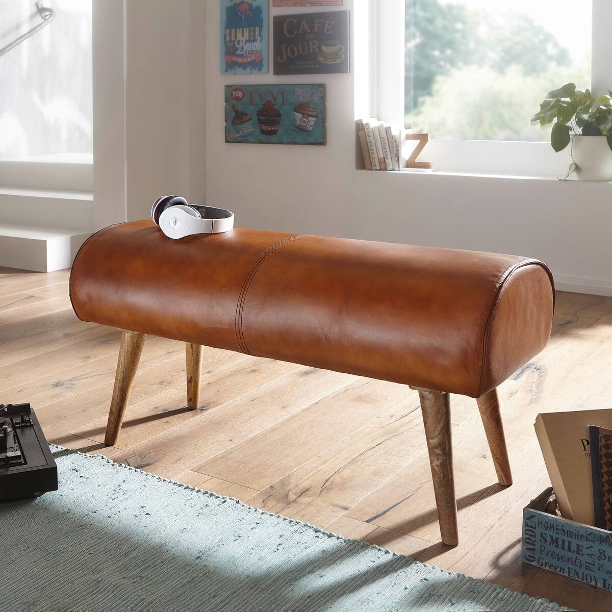 Wohnling Sitzbank natur braun Echtholz Leder