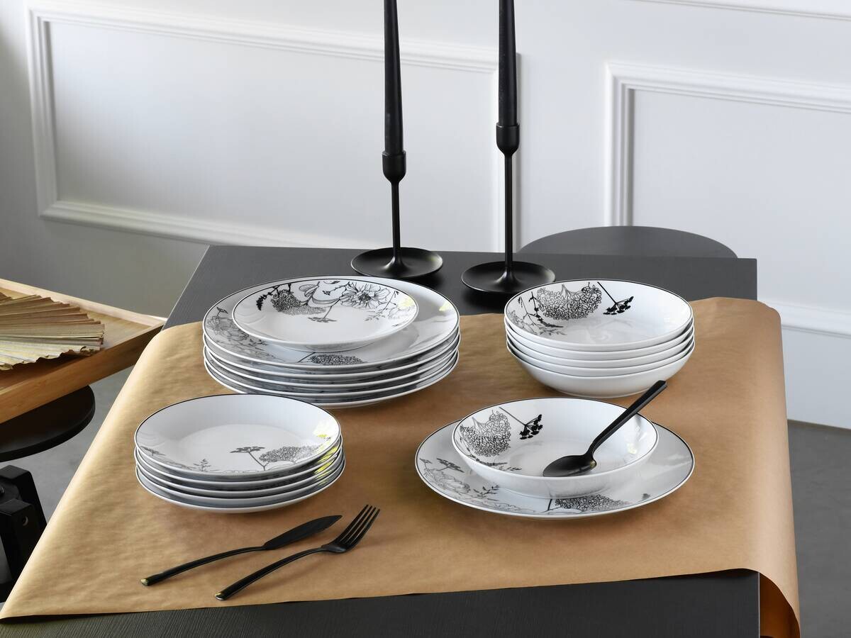 CreaTable Tafelservice Luna Black Flower weiß Porzellan 18 tlg.
