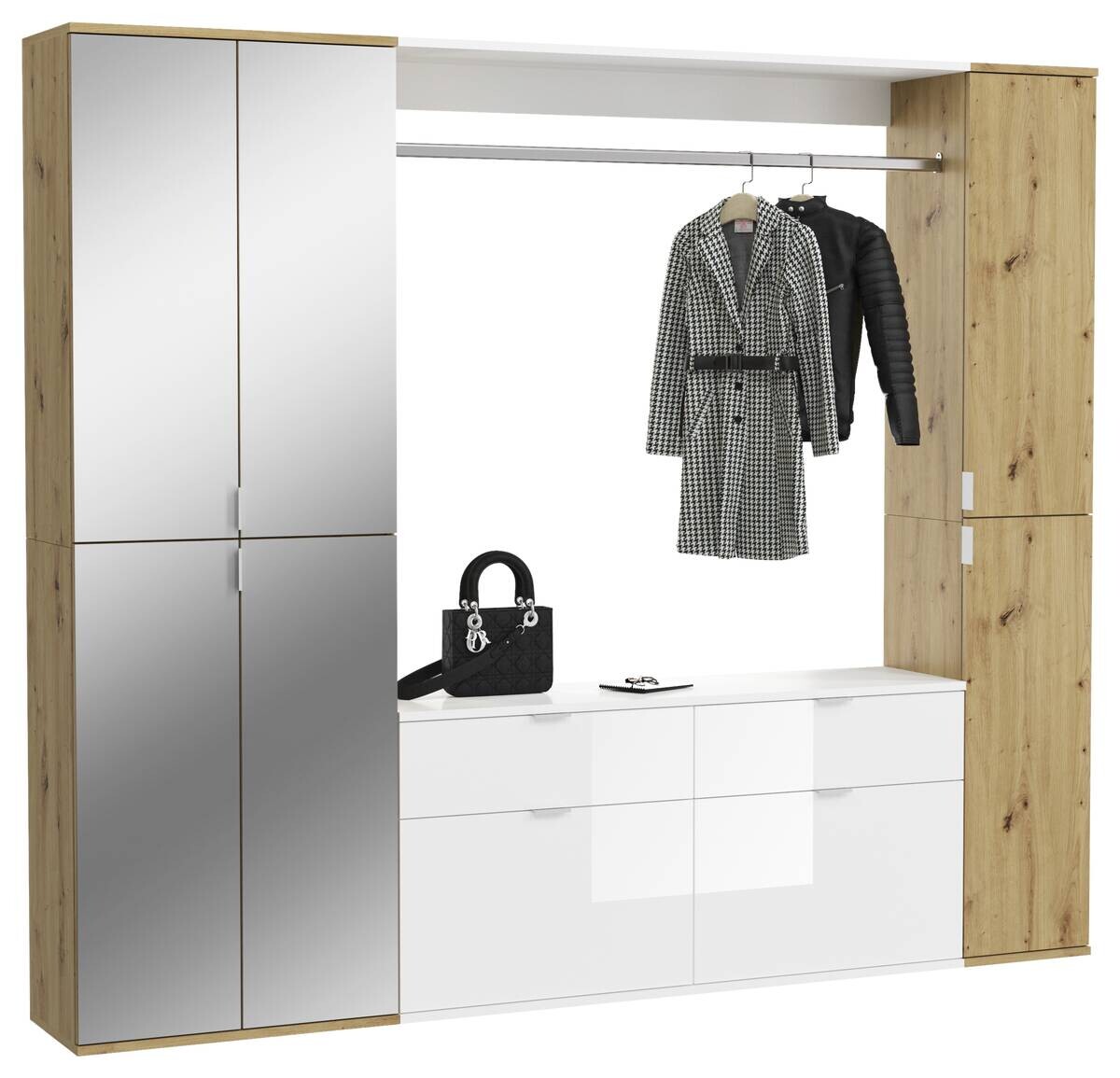 Garderobe PROJEKT Eiche Artisan Nachbildung weiß Hochglanz Spiegel B/H/T: ca. 212x193x34 cm Garderobe PROJEKT Eiche Artisan Nachbildung weiß Hochglanz Spiegel B/H/T: ca. 212x193x34 cm