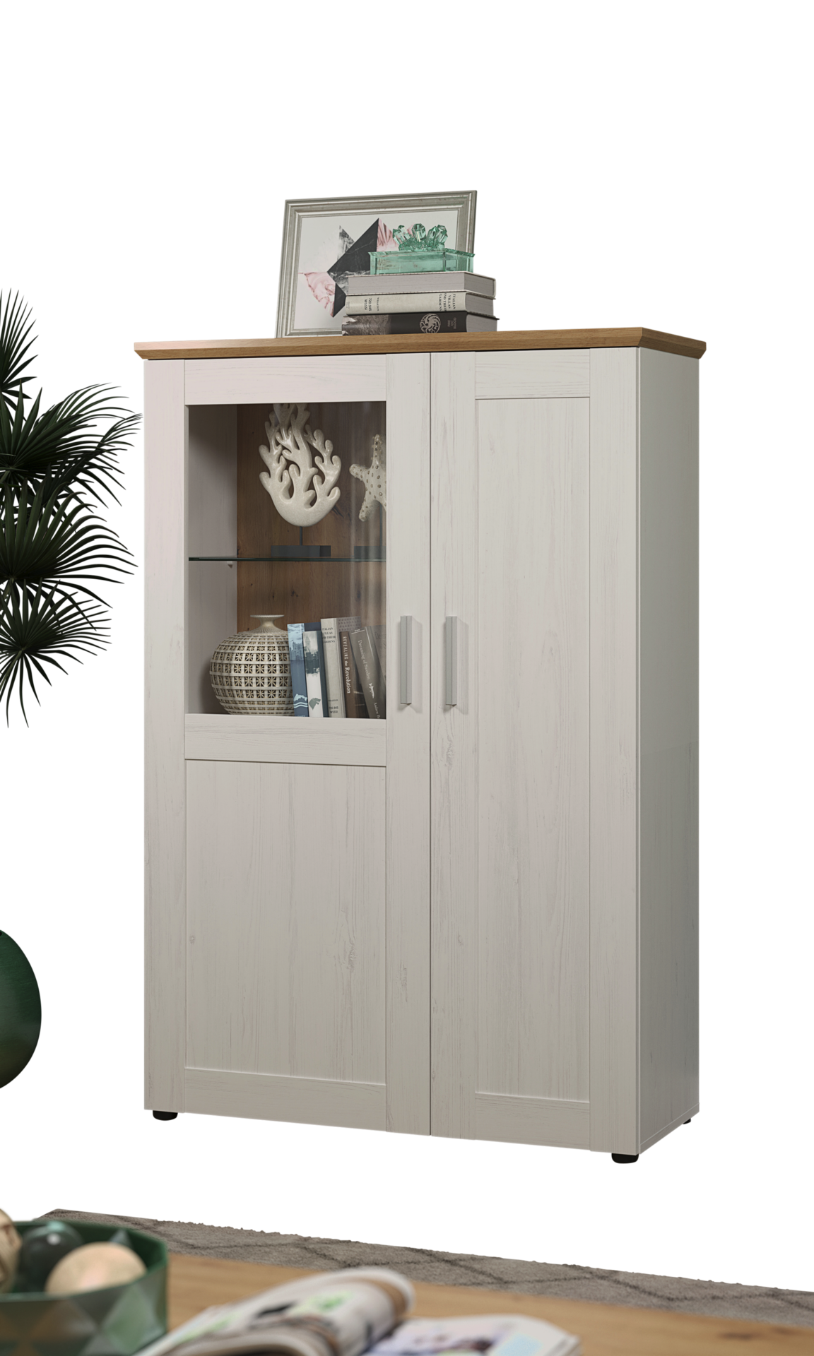 Standvitrine Shade weiß Pinie Nachbildung Eiche Artisan Nachbildung B/H/T: ca. 95x140x38 cm