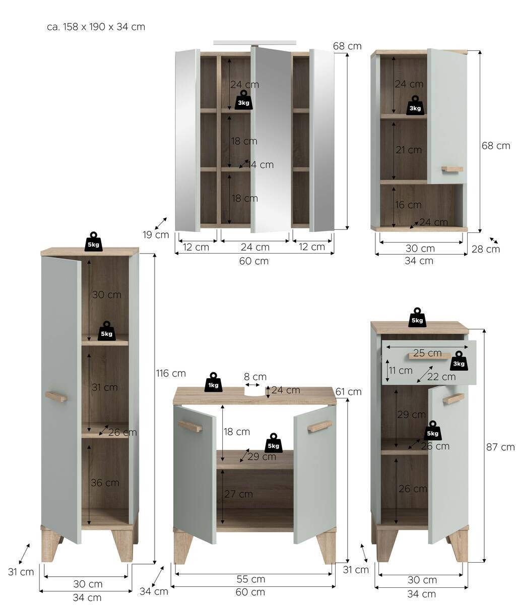 Badezimmer-Set STAR hellgrün Eiche hell Nachbildung B/H/T: ca. 158x190x34 cm
