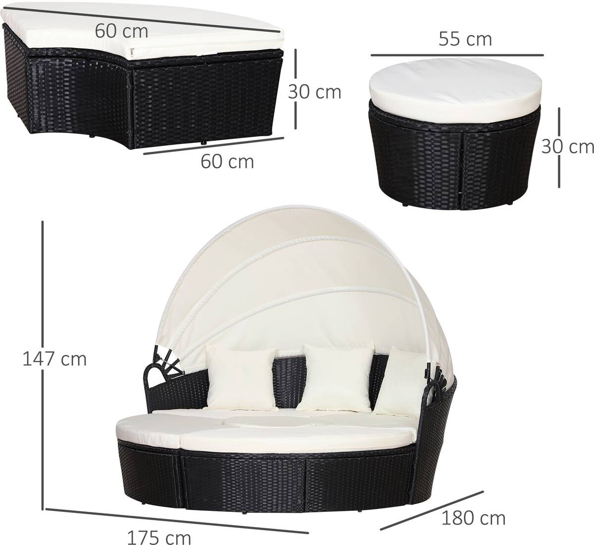 Outsunny Sonneninsel schwarz Polyrattan B/H/T: ca. 175x147x180 cm