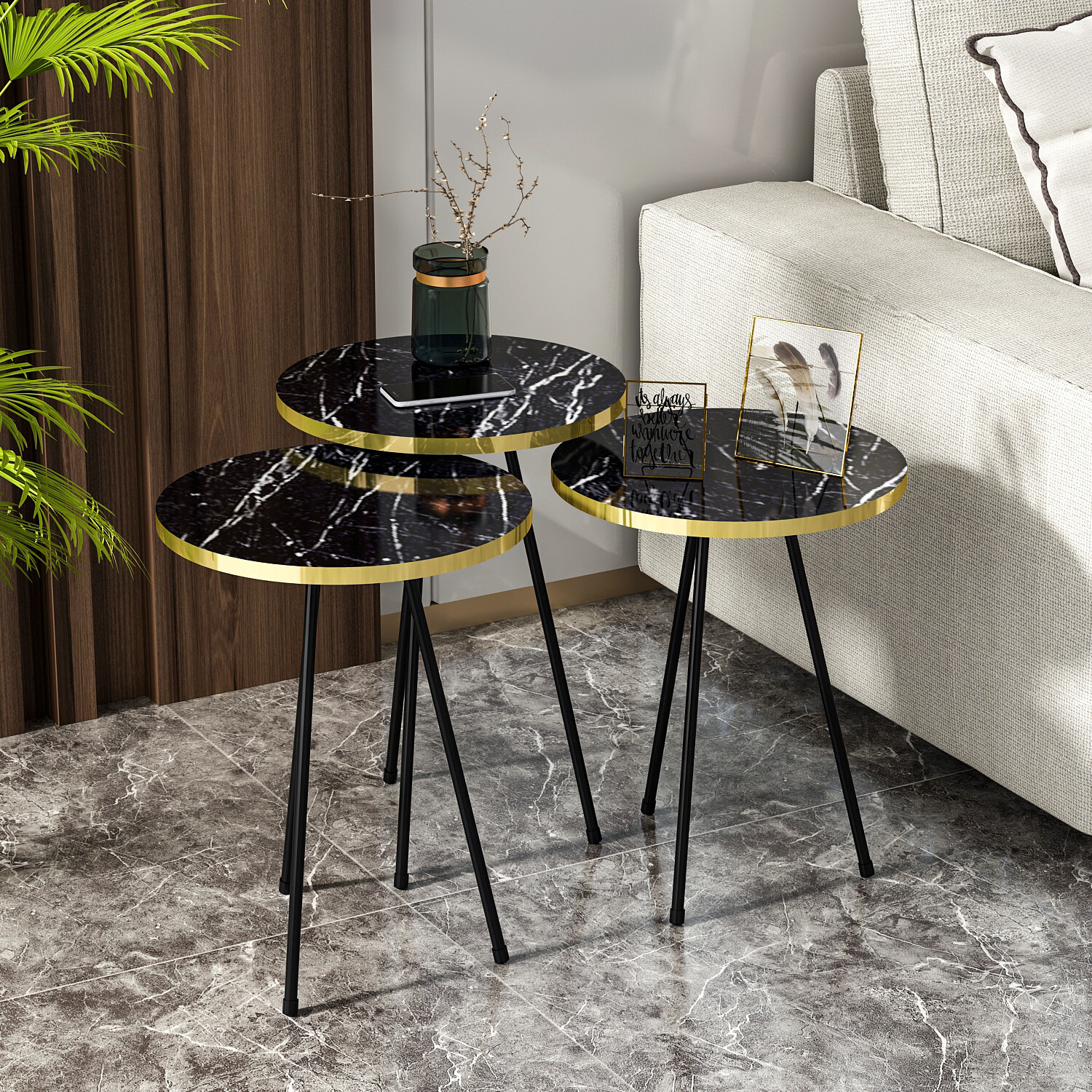 Beistelltisch 3er-Set. 21776160 schwarz Marmoroptik B/H/T: ca. 38x53,5x38 cm