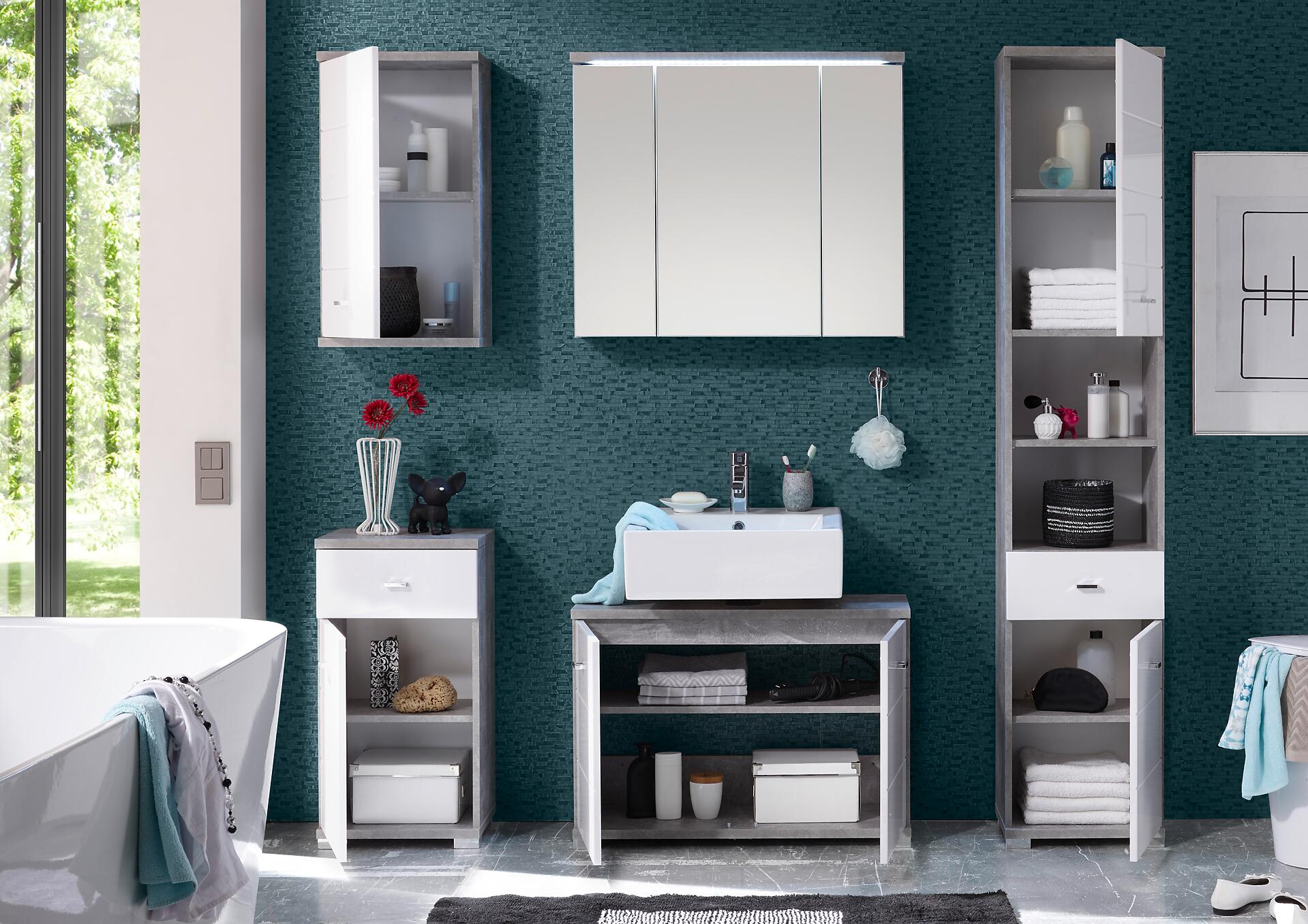 Waschbeckenunterschrank Pool Beton Optik weiß Hochglanz B/H/T: ca. 80x57x30 cm