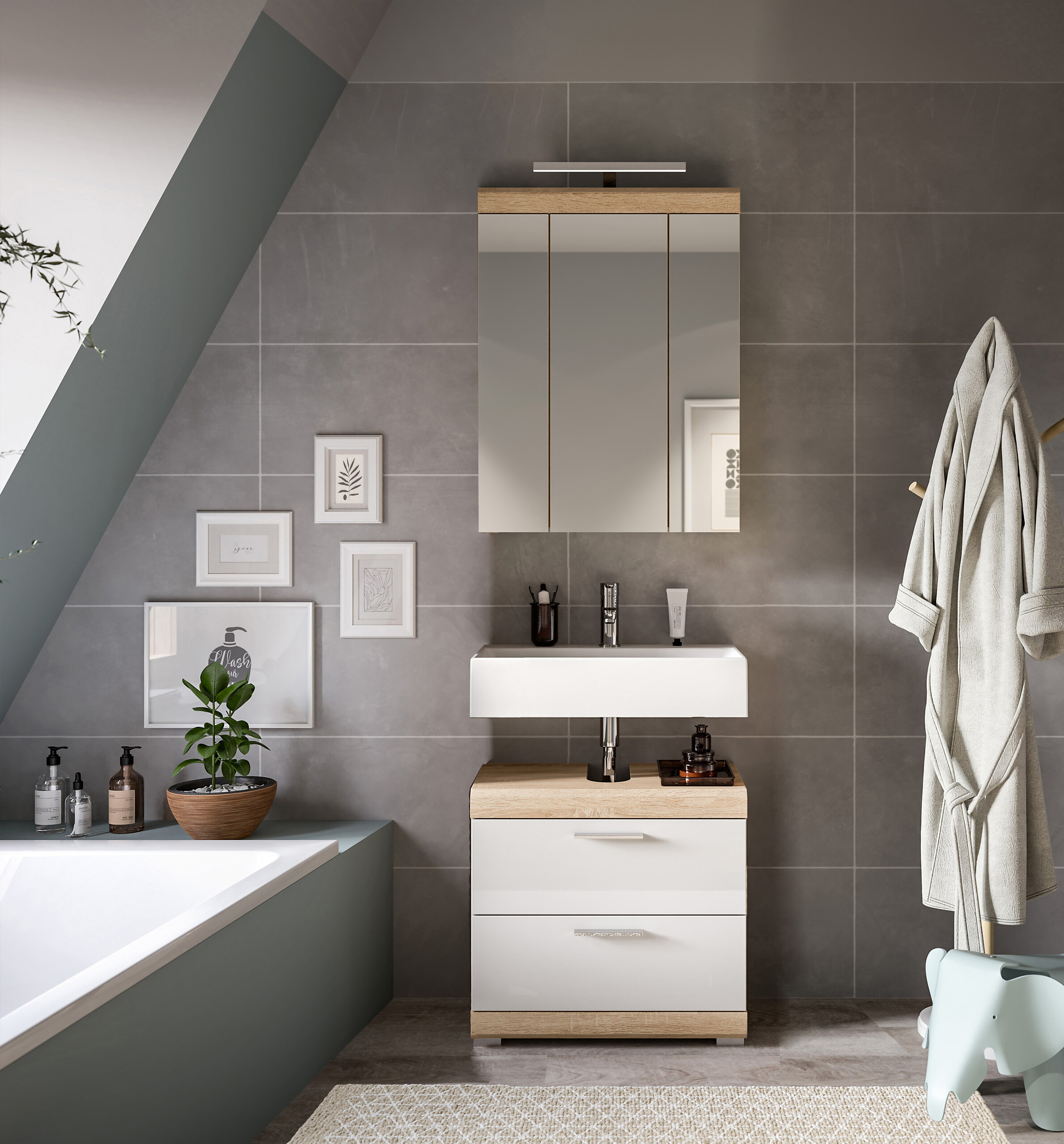 Badezimmer-Set Lambada Eiche Sonoma Nachbildung weiß Hochglanz B/H/T: ca. 60x191x37 cm