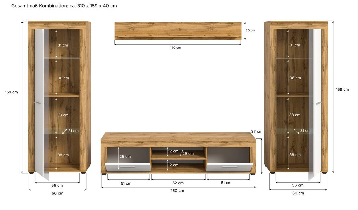 Wohnwand Jam Eiche Wotan Nachbildung weiß B/H/T: ca. 310x159x35 cm