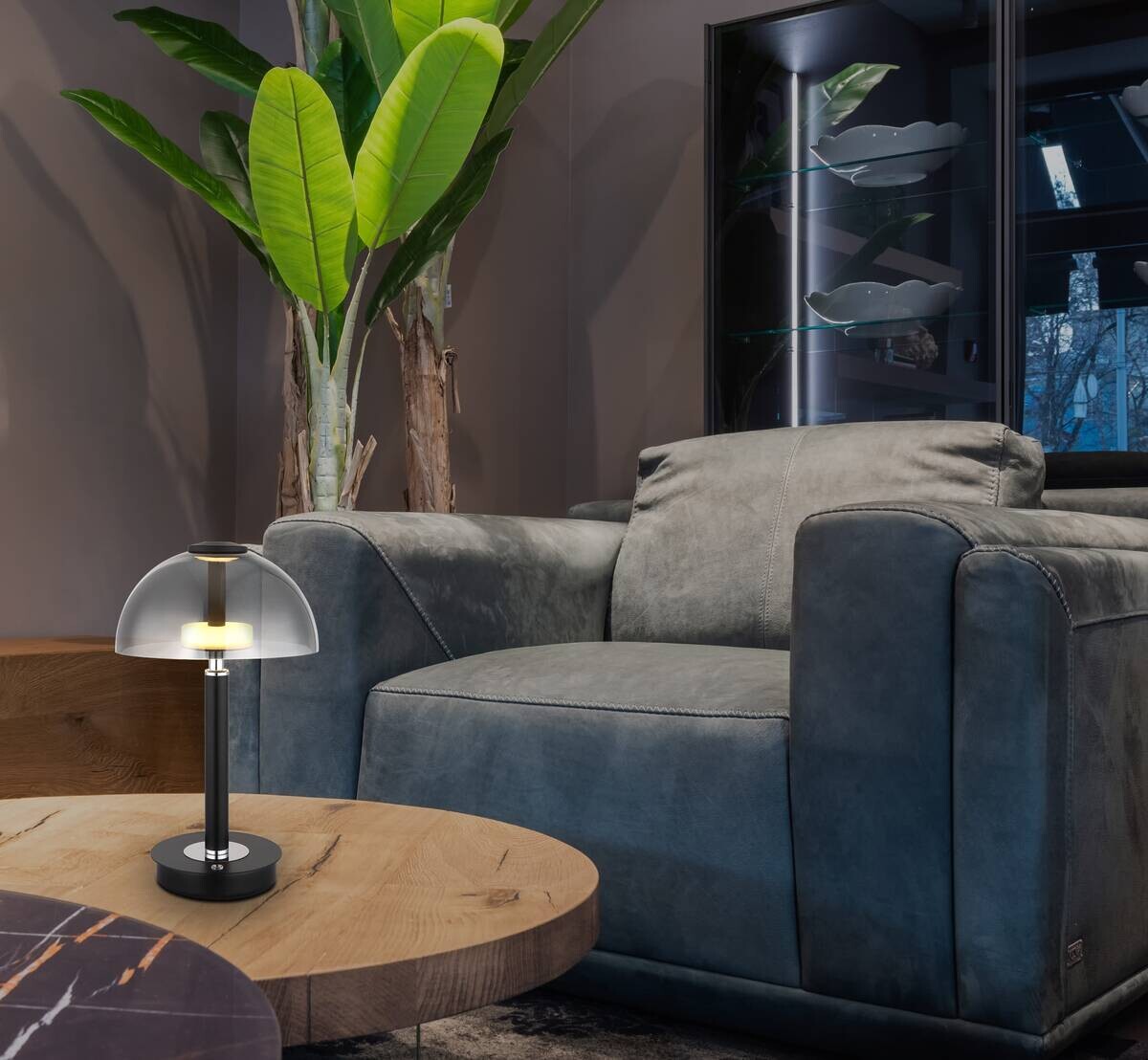 GLOBO LED-Tischleuchte mattschwarz Chrom Rauch Kunststoff Glas Metall H/D: ca. 31,5x18 cm 1 Brennstellen