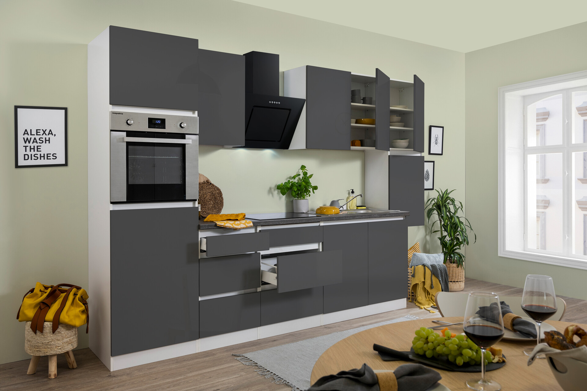 Respekta Küchenblock Premium grau Hochglanz B/H/T: ca. 320x220,5x60 cm