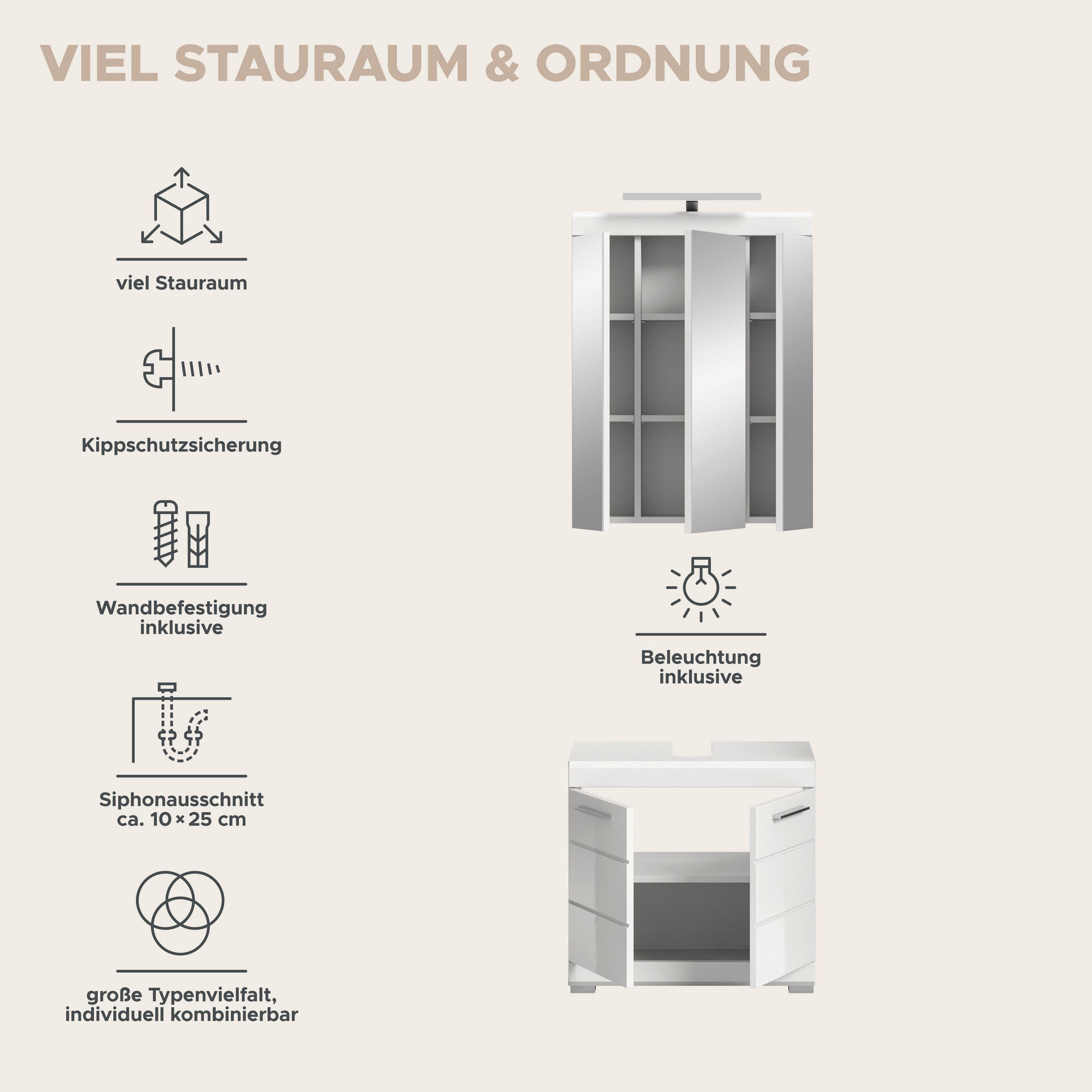 Badezimmer-Set Scout weiß weiß Hochglanz B/H/T: ca. 60x191x34 cm