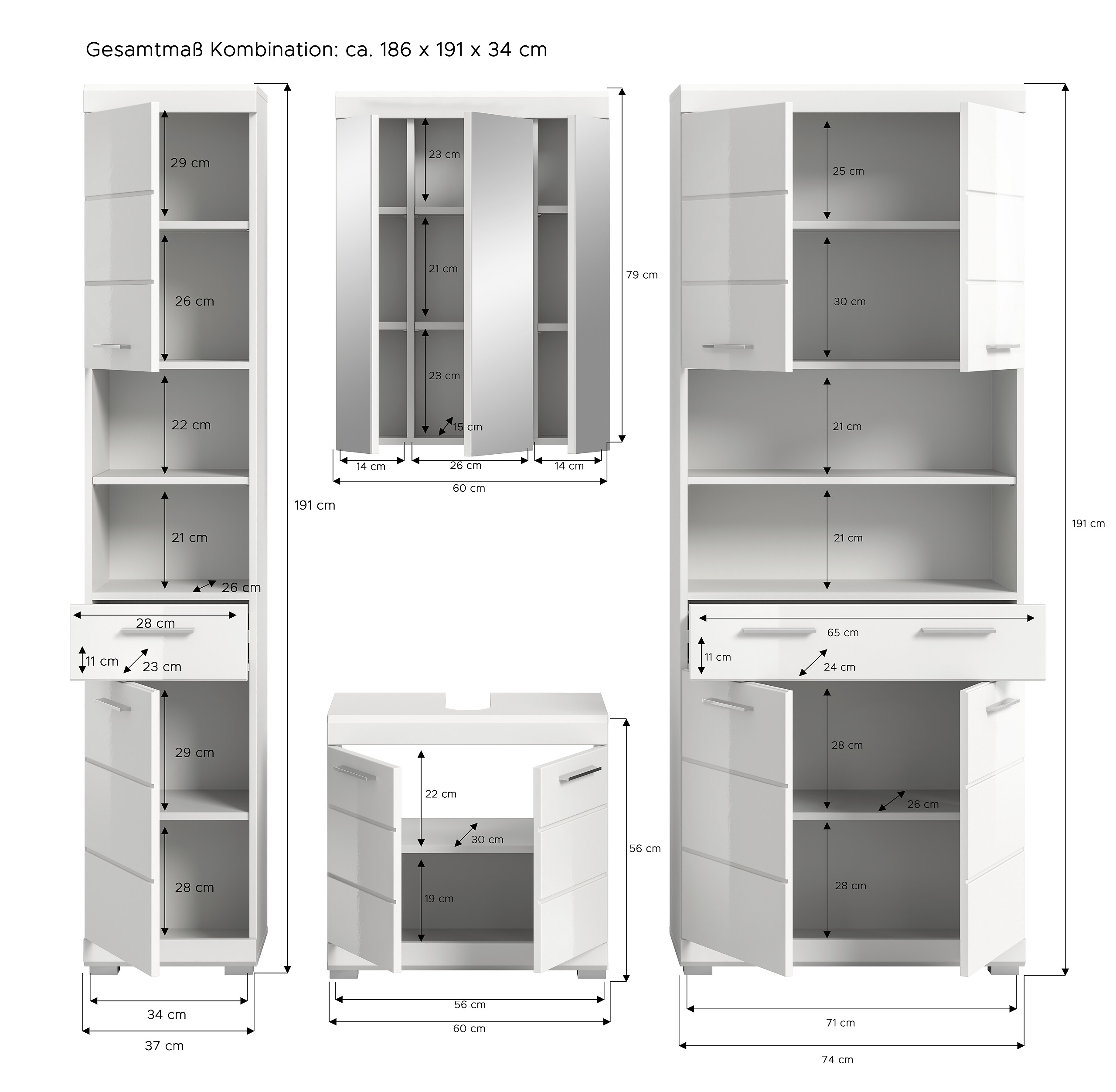 Badezimmer-Set Scout weiß weiß Hochglanz B/H/T: ca. 186x191x34 cm