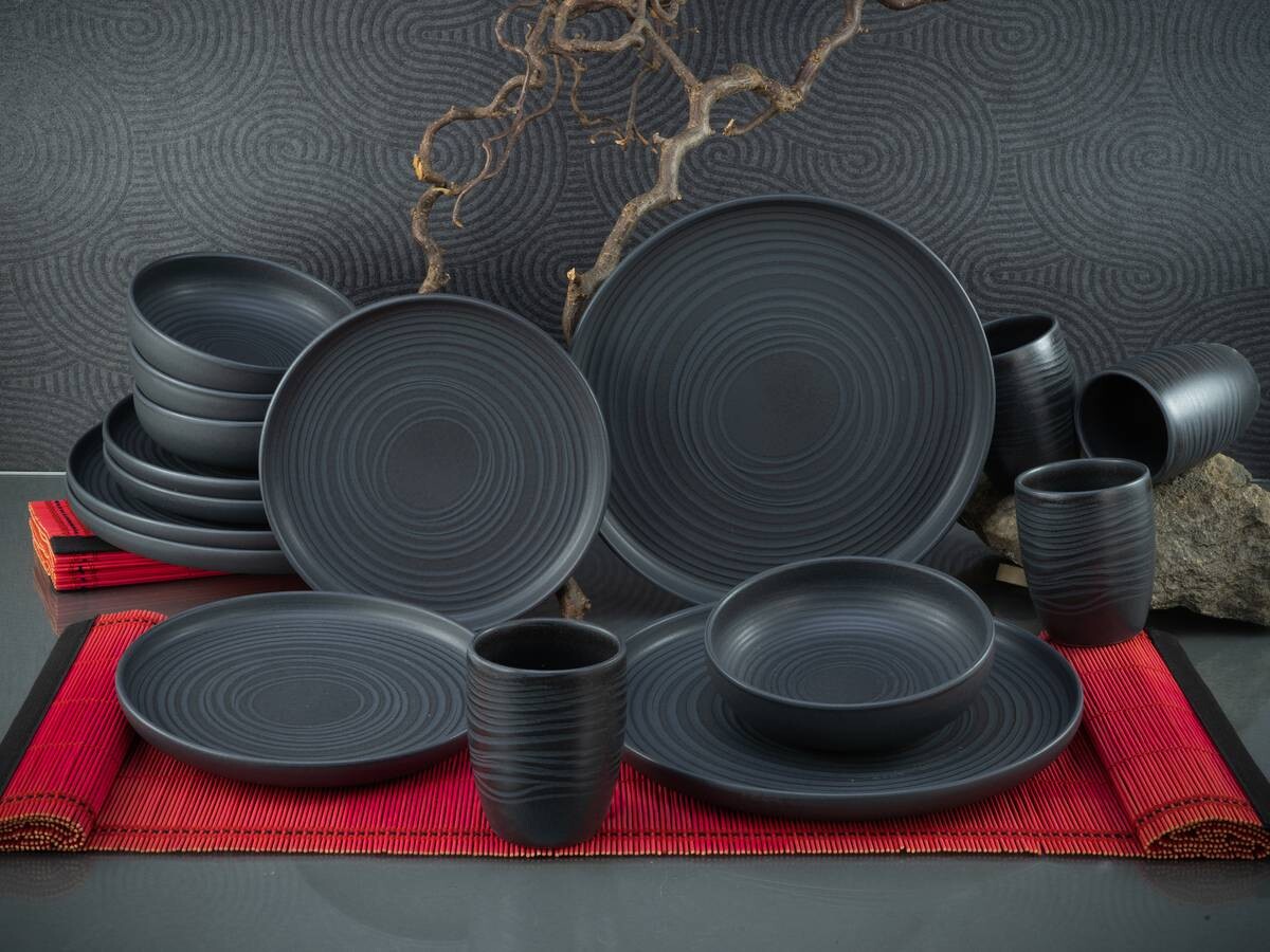 CreaTable Kombiservice Uno Black Lava Stone schwarz Steinzeug 16 tlg.