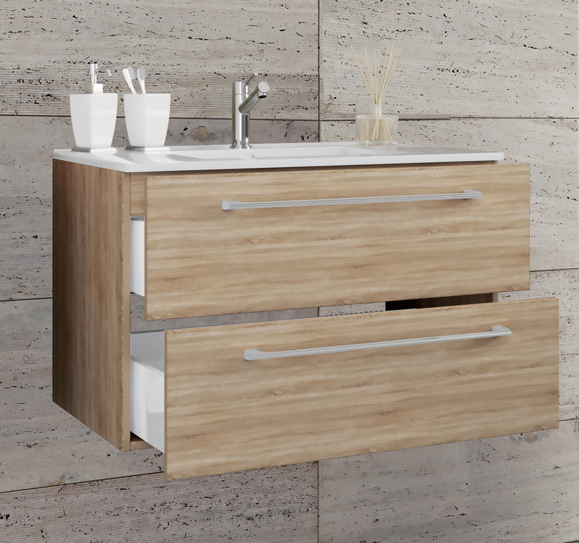 Badblock 2tlg-Badinos weiß Eiche Sonoma Nachbildung B/H/T: ca. 81x51,2x46,4 cm