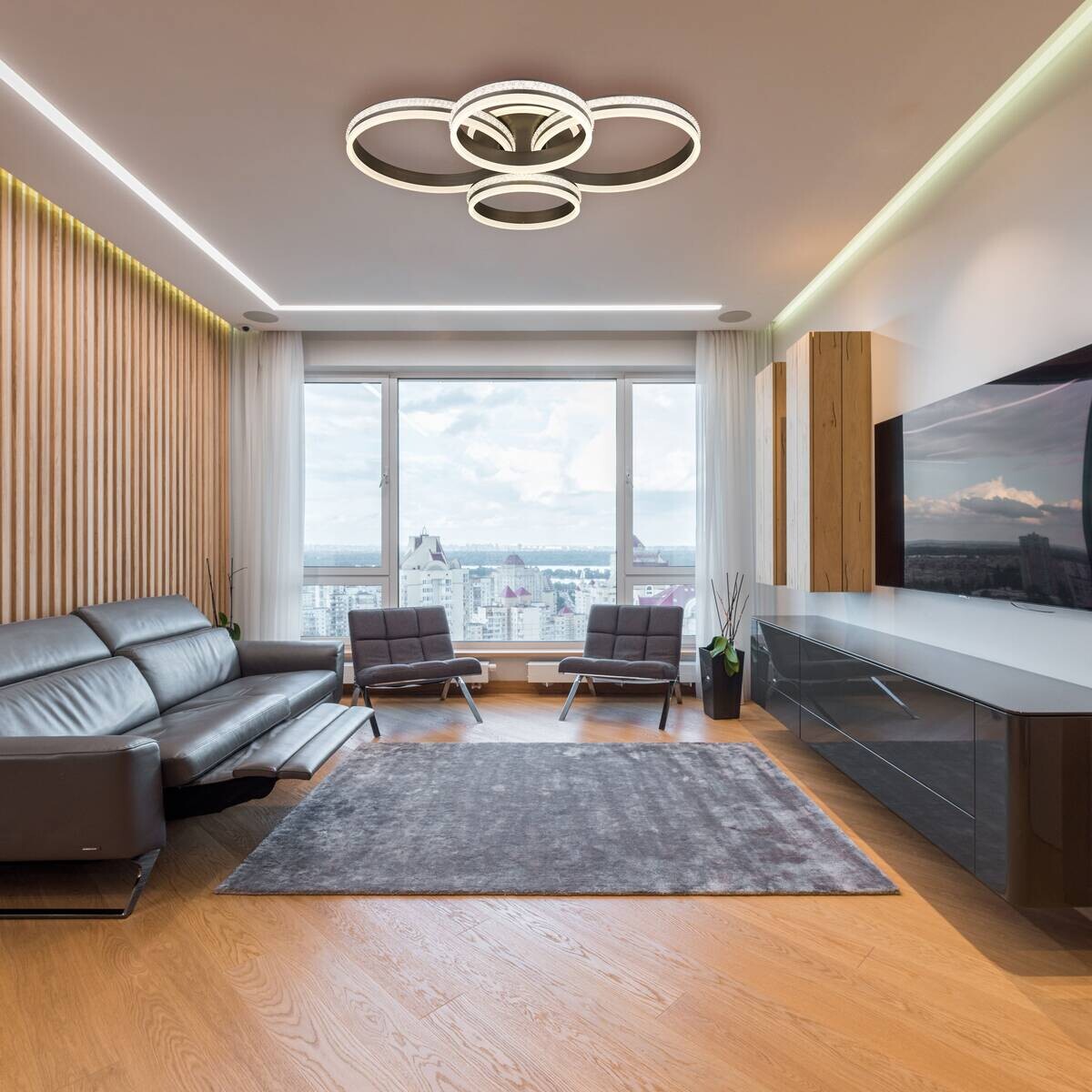 GLOBO LED-Deckenleuchte GROUNI klar titanfarbig Kunststoff Metall B/H/T: ca. 68,5x15x85 cm