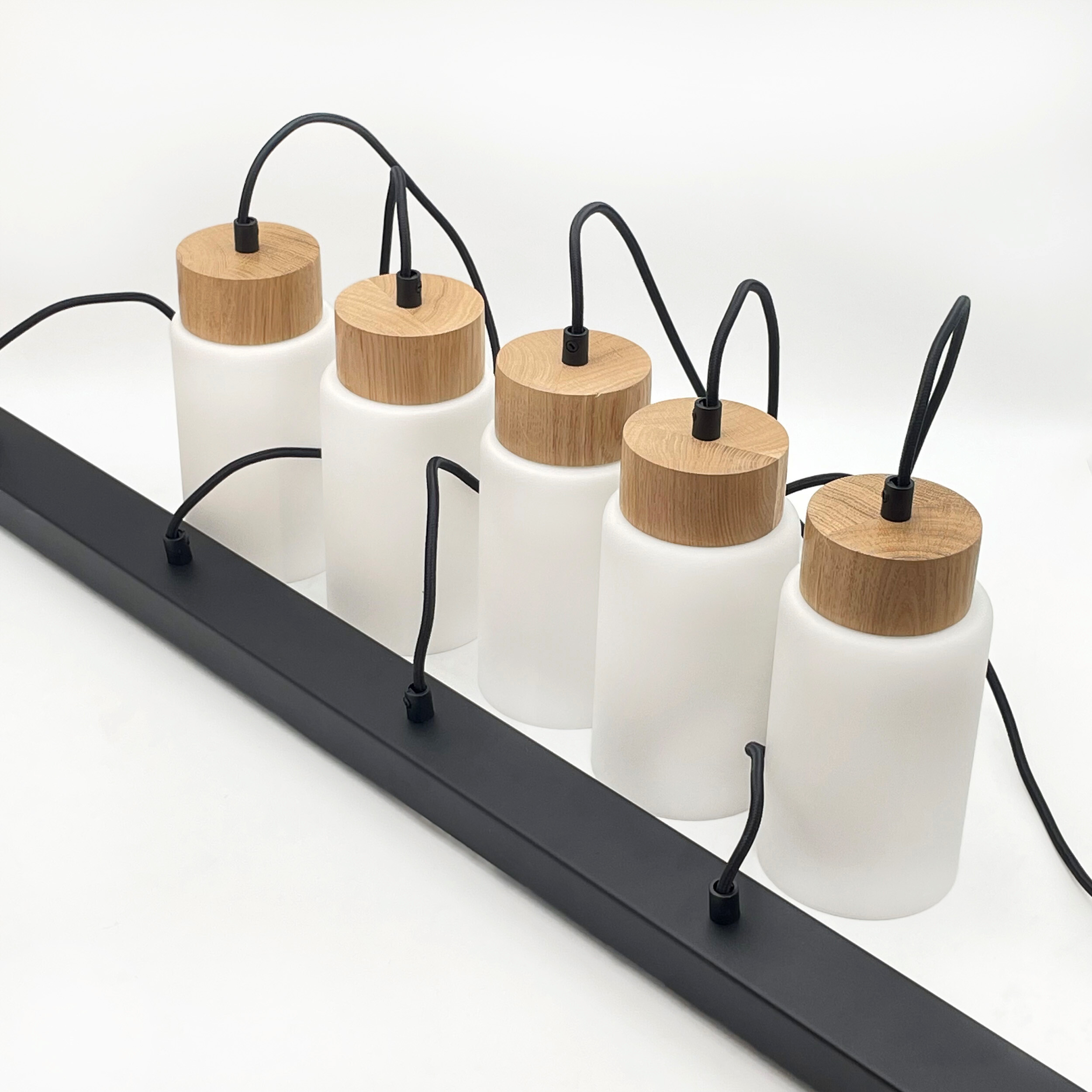 Lamkur Hängeleuchte Marcus schwarz Stahl Holz Glas B/H/L: ca. 105x20x20 cm E27 5 Brennstellen