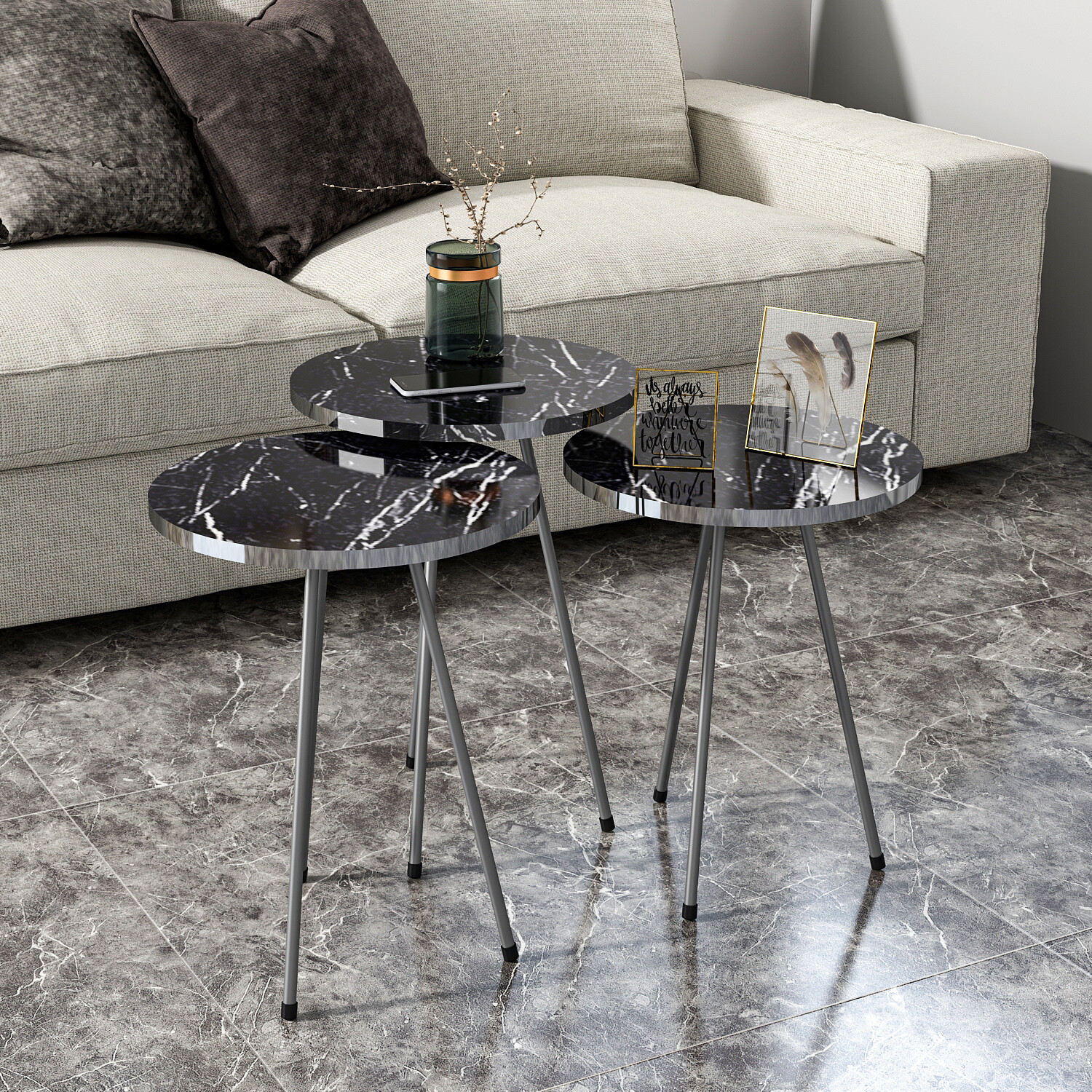 Beistelltisch 3er-Set. 21796177 schwarz Marmoroptik B/H/T: ca. 38x53,5x38 cm