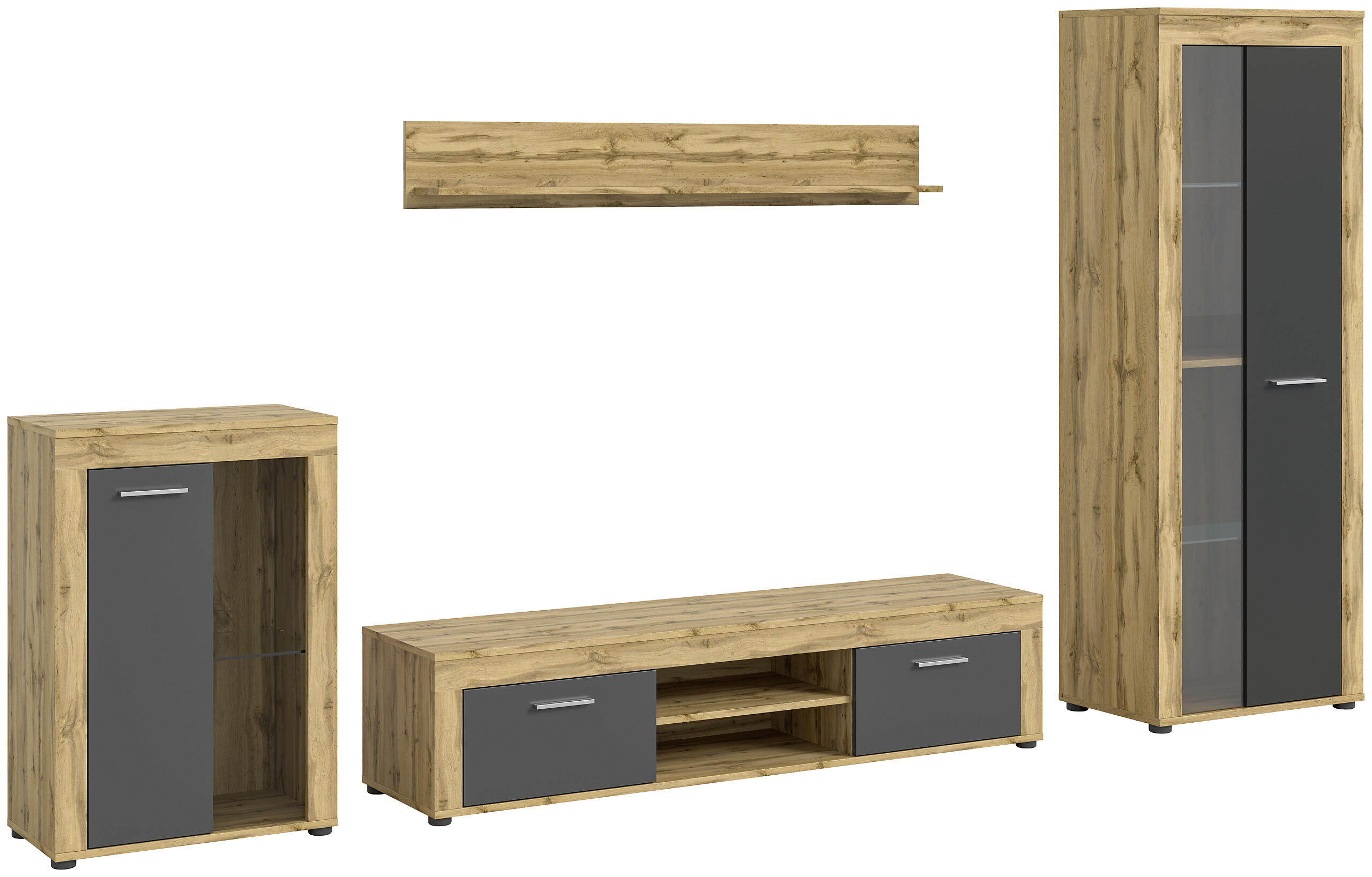 Wohnwand Jam Eiche Wotan Nachbildung grau B/H/T: ca. 310x169x35 cm