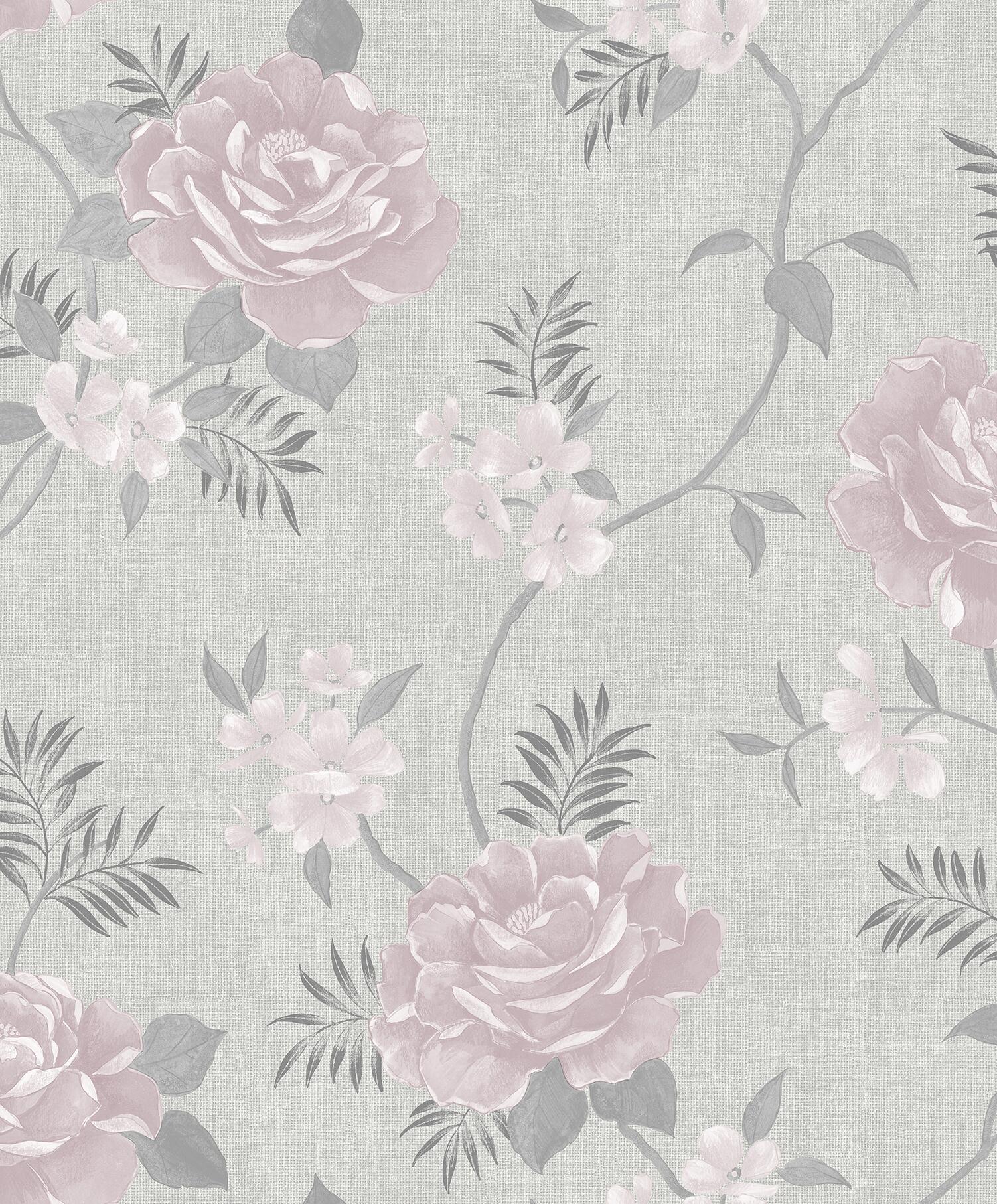 Papiertapete Blumenranke hellgrau dunkelgrau rosa B/L: ca. 53x1005 cm