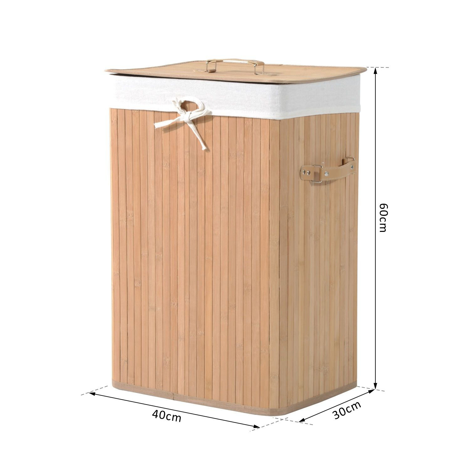 HOMCOM Wäschekorb mit 2 Tragegriffen natur Bambus Stoff Kunststoff B/H/L: ca. 30x60x40 cm