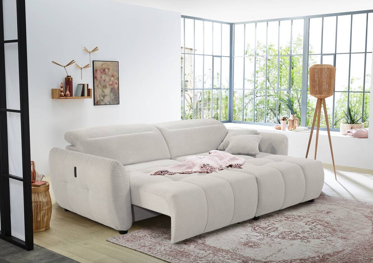 Ecksofa mit elektrischer XXL Sitztiefenverstellung hellbeige Kord B/H/T: ca. 260x106x191 cm