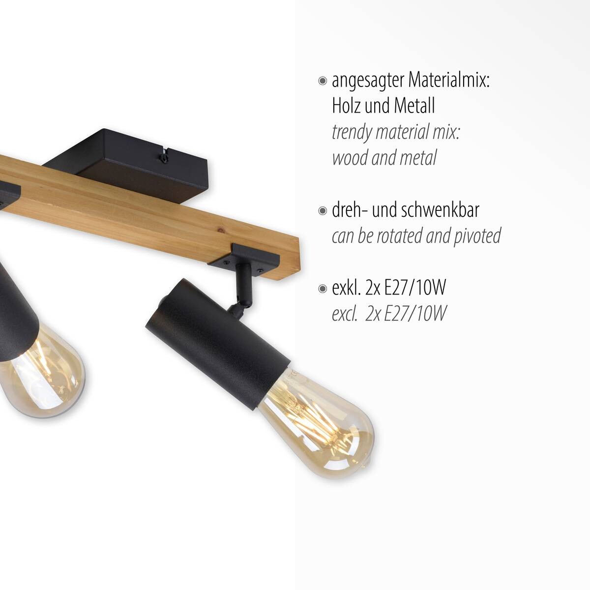 Just Light Deckenleuchte PILON 15162-18 natur schwarz Metall Holz B/H/T: ca. 35x18x10 cm E27 2 Brennstellen